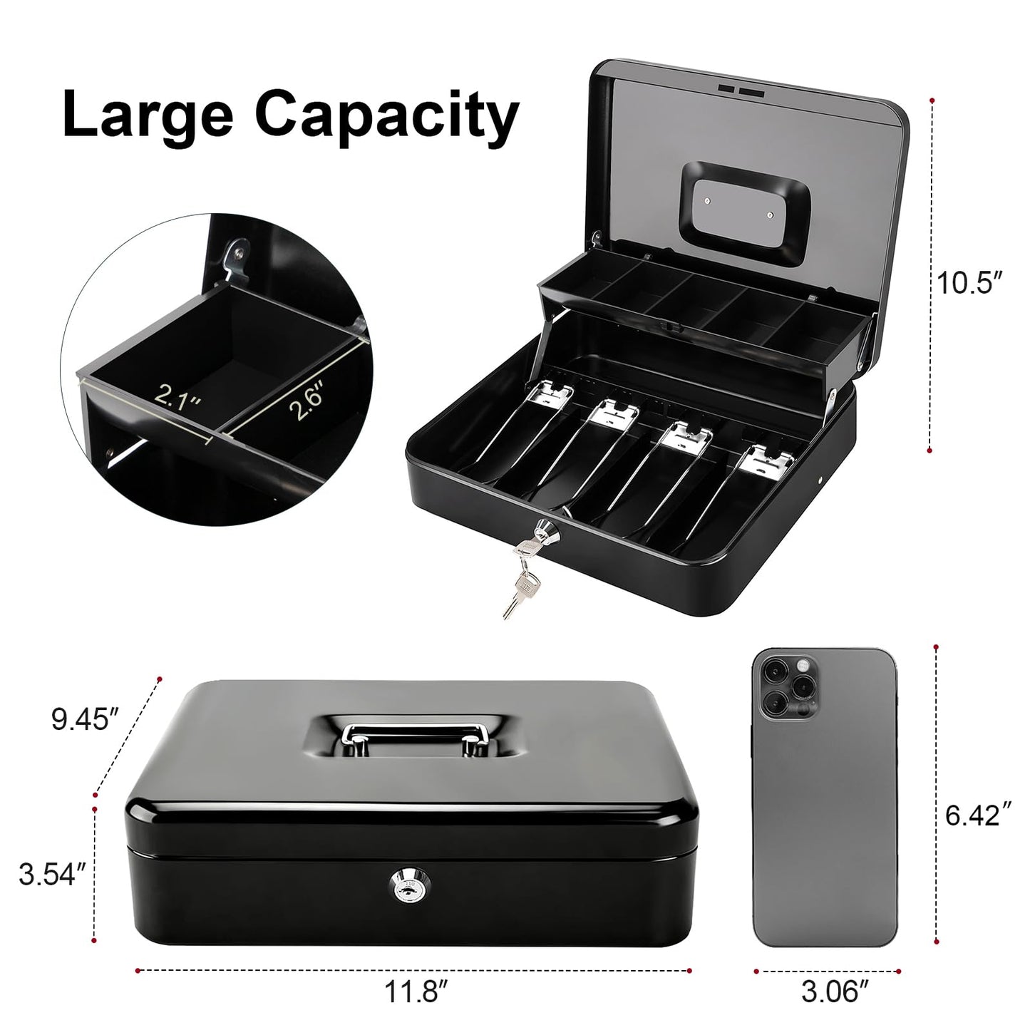 Jssmst Large Cash Box with Lock - 2017 New Metal Money Box 100% Safe, 11.8L x 9.5W x 3.5H Inches, Black, SM-CB0501L