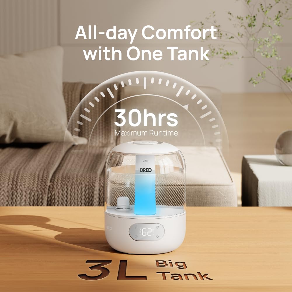 DREO Humidifiers for Bedroom, 3L Top Fill 30H & 26dB Quiet Cool Mist Air Humidifier, Easy to Fill & Clean Ultrasonic Humidifier for Plants, Baby, Nightlight, Humidity Sensor, 360° Nozzle, BPA free