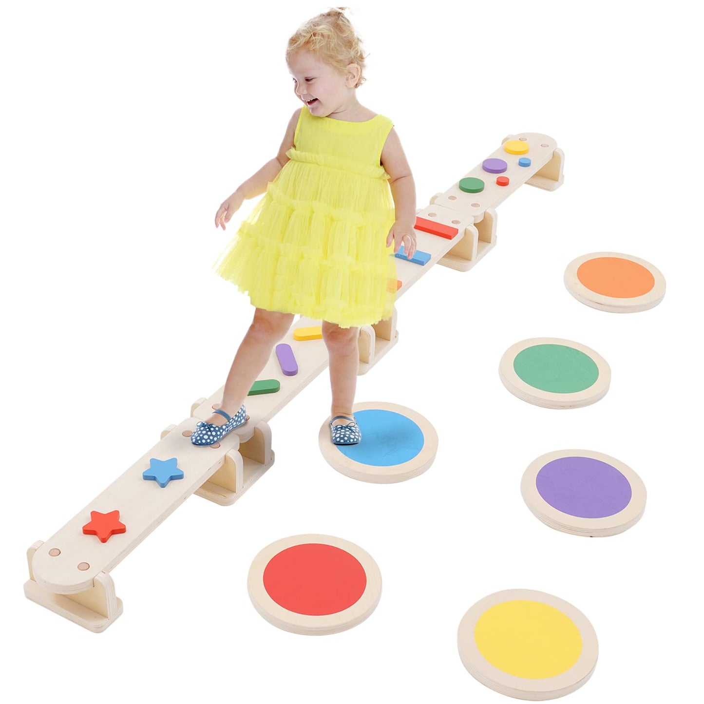 3 in 1 Wooden Balancing Beam for Children and Toddlers with Stepping Stones, Multifunctional Montessori Balancing Board with Obstacle Course, Balance and Sensory Training