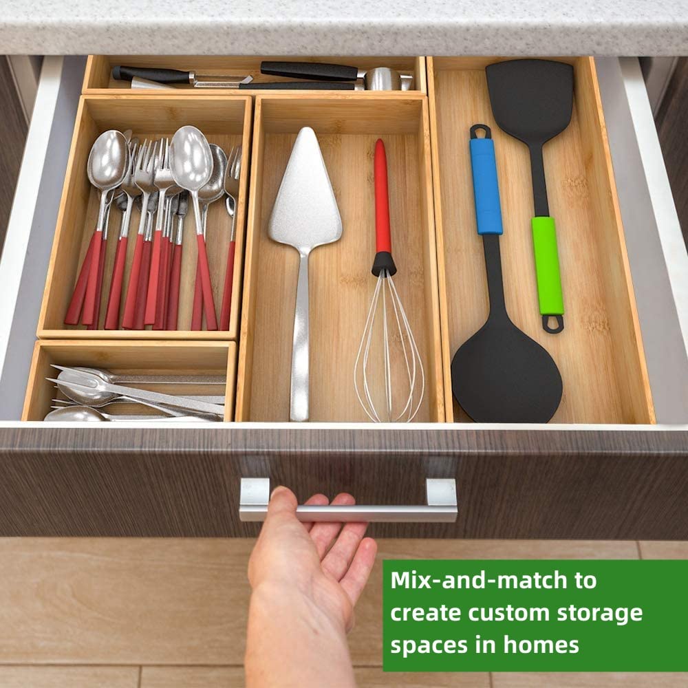 ROLiGHTiC 8 Pcs Bamboo Drawer Organizer Utensil Tray Kitchen Storage Box 4-Size Multi-Use Dividers Cutlery Holders Bins Containers for Kitchen, Bathroom, Office Desk, Makeup, Jewelry, Dresser, Pantry