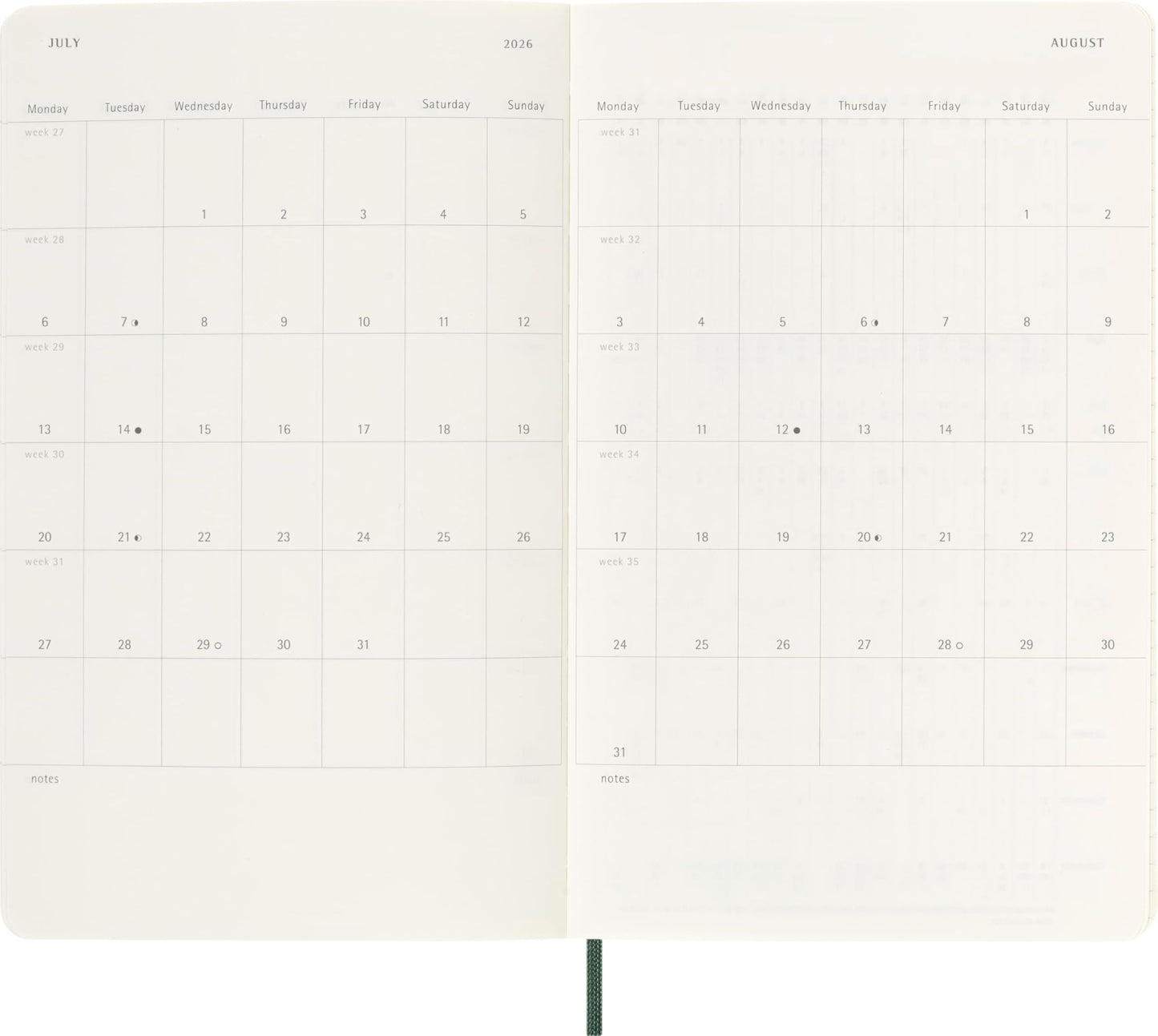 Moleskine Classic 18 Month 2025-2026 Weekly Planner, Soft Cover, Large (5" x 8.25"), Myrtle Green, 208 pages