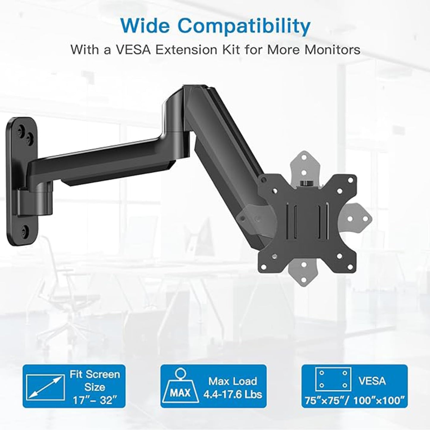 HUANUO Monitor Wall Mount for 17 to 32 Inch Computer Screen, Monitor Wall Mount Arm Holds up to 17.6lbs, Height Adjustable Full Motion Design Wall Monitor Arm - VESA Mount 75x75,100x100