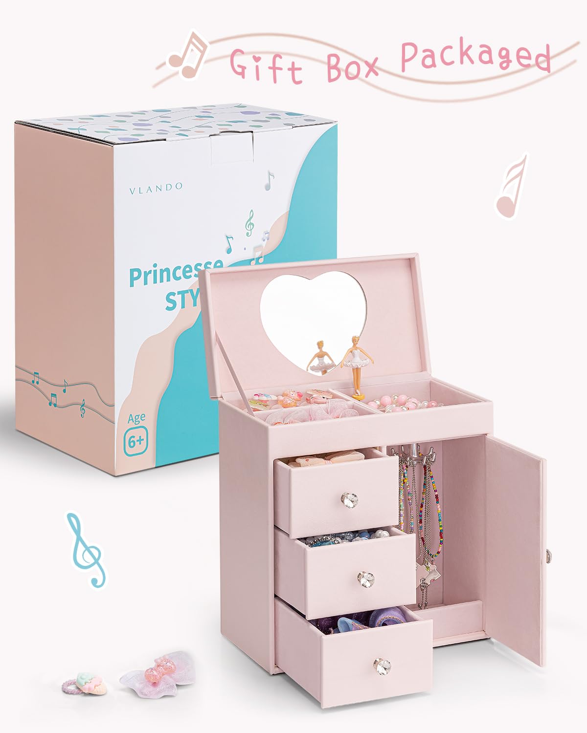 Vlando Musical Jewelry Box for Girl,4 Layer Large Music Jewelry Boxes with Ballerina,Girls Jewelry Box with Mirror, Birthday Childrens Gifts,Girls Gifts 8-12 years old,Light Pink