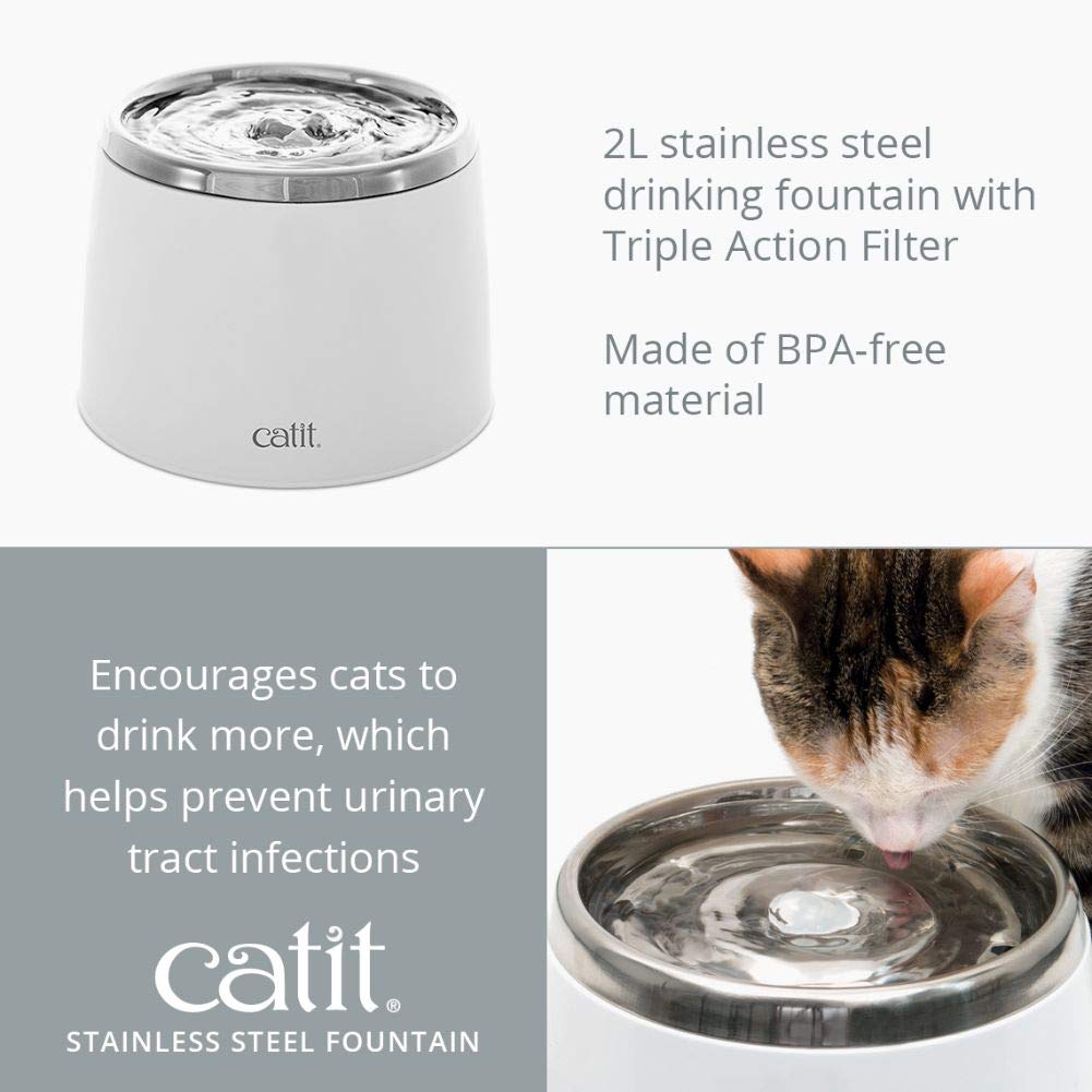 Catit Stainless Steel Top Cat Water Fountain 2 L White, Modern Cat Fountain, Triple Filtration, Fontaine Pour Chat, Pet Water Fountains, Perfect for Indoor Cats
