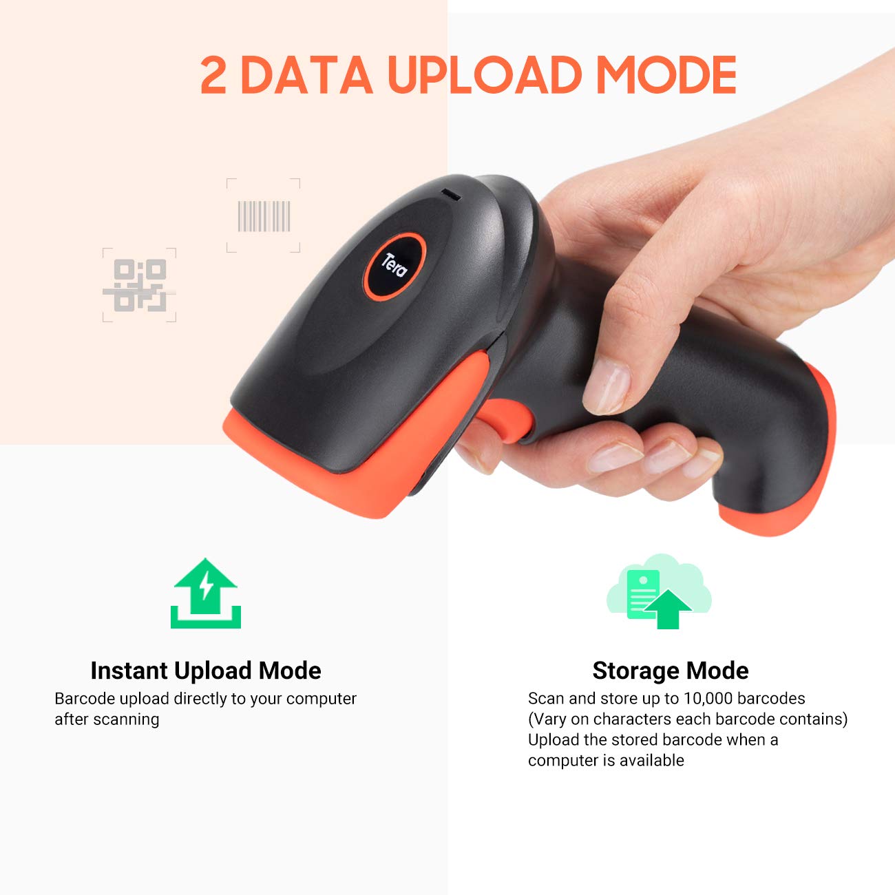 Tera 1D 2D QR Wireless Barcode Scanner Work with Bluetooth & 2.4GHz Wireless & USB Wired Connection Fast and Precise Scanning Image Bar Code Reader with Vibration Alert for Supermarket Store HW0002-O