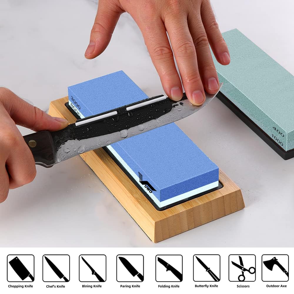 vuwo Knife Sharpening Stone Kit - Whetstone Grit 400/1000 3000/8000 Premium Knife Sharpener Wet Stone Set with Bamboo Base Angle Guide Flattening Stone Silicon Holder and Leather Strop