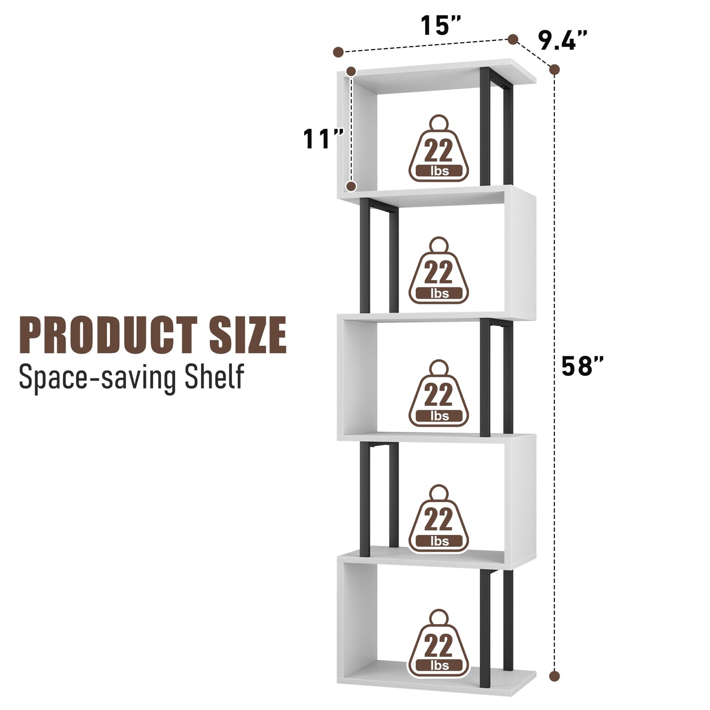 Gadroad 5-Tier Bookshelf, Narrow S-Shaped Geometric Bookcase, Wood Decorative Storage Shelving, Modern Freestanding Display Shelves, Book Shelf Unit for Living Room Bedroom Home Office, White