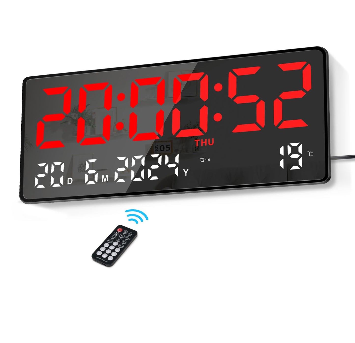 Lafocuse Large Digital Wall Clock 15.5 Inch LED Display, Red Digital Clock Powered by Cord with Remote Control, 2 Alarms, Date, Week, Temperature, Modern Electronic Clock for Living Room Bedroom