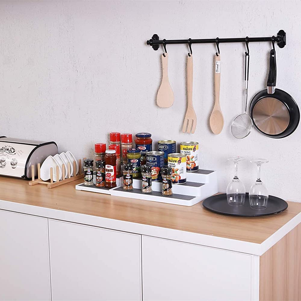 Expandable Spice Rack Organizer for Cabinet 3-Tier for Pantry Cabinet or Countertop, Waterproof, and Non Skid Shelf, for Spice Bottles, Jars, Seasonings, Baking Supplies - 2 Pack
