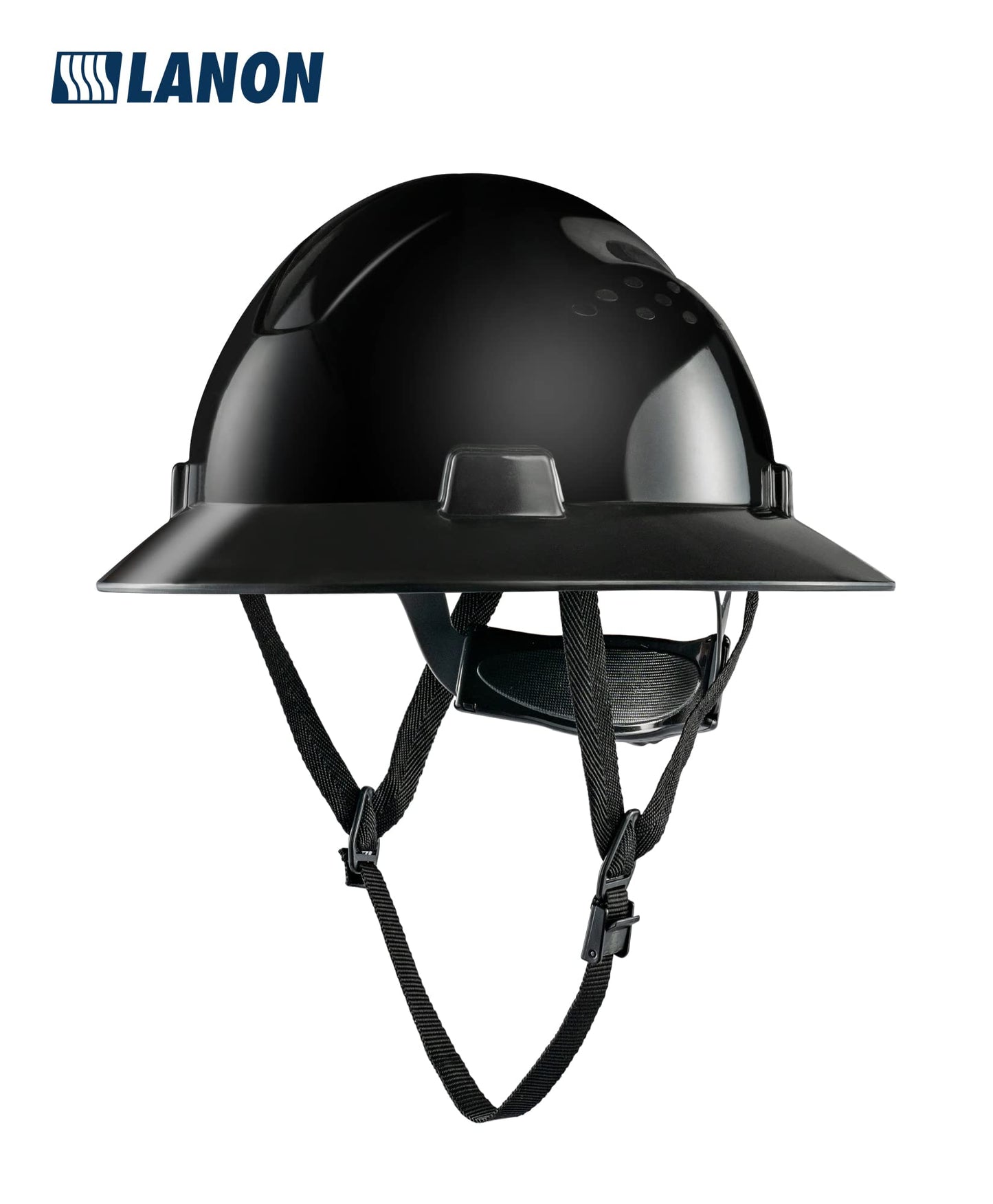LANON Full Brim Hard Hat, OSHA Construction Work Approved, HDPE Safety Helmet with 4 Point Adjustable Ratchet Suspension, ANSI Z89.1 Class C,Glossy Black