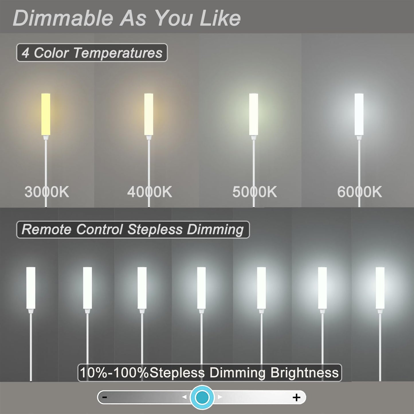 Nukanu Floor Lamp with Remote Control,Bright Floor Lamps for Living Room/Bedroom/Office, Stepless Adjustable 3000K-6000K Colors and 10-100% Brightness,Standing Light with Foot Switch (White)