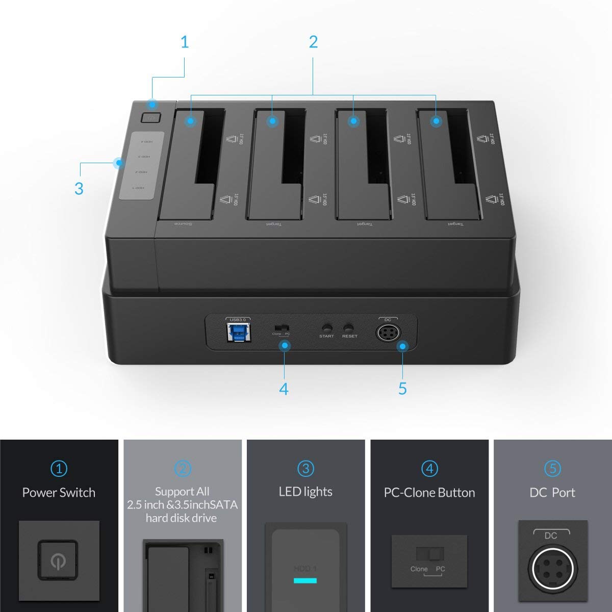 ORICO 4 Bay USB 3.0 SATA Hard Drive Docking Station, Docking Station Encloure for 2.5" and 3.5" Hard Drives, Support of Max. 64 TB, 12V6.5A Power Adapter with Windows/Mac/Linux
