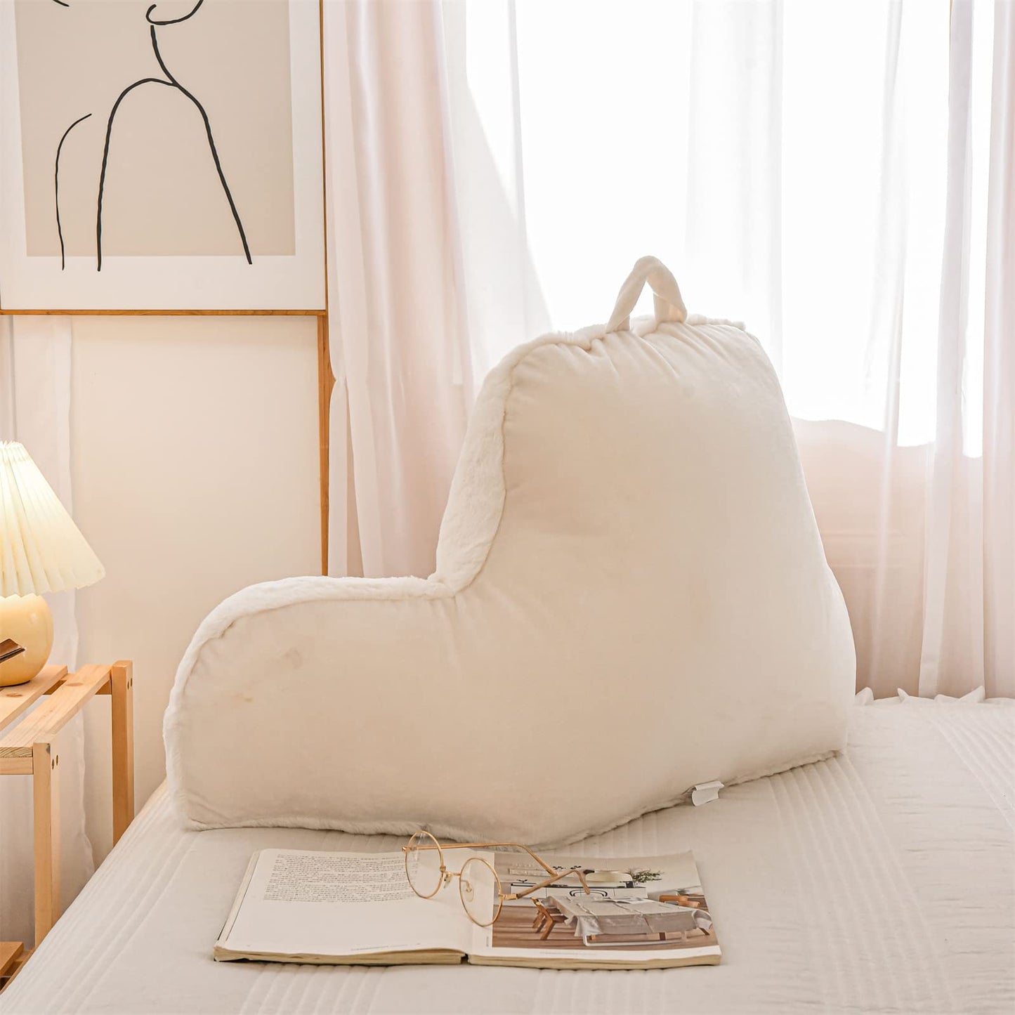 A Nice Night Faux Fur Reading Pillow Bed Wedge Large Adult Children Backrest with Arms Back Support for Sitting Up in Bed/Couch for Bedrest,Ivory,Large