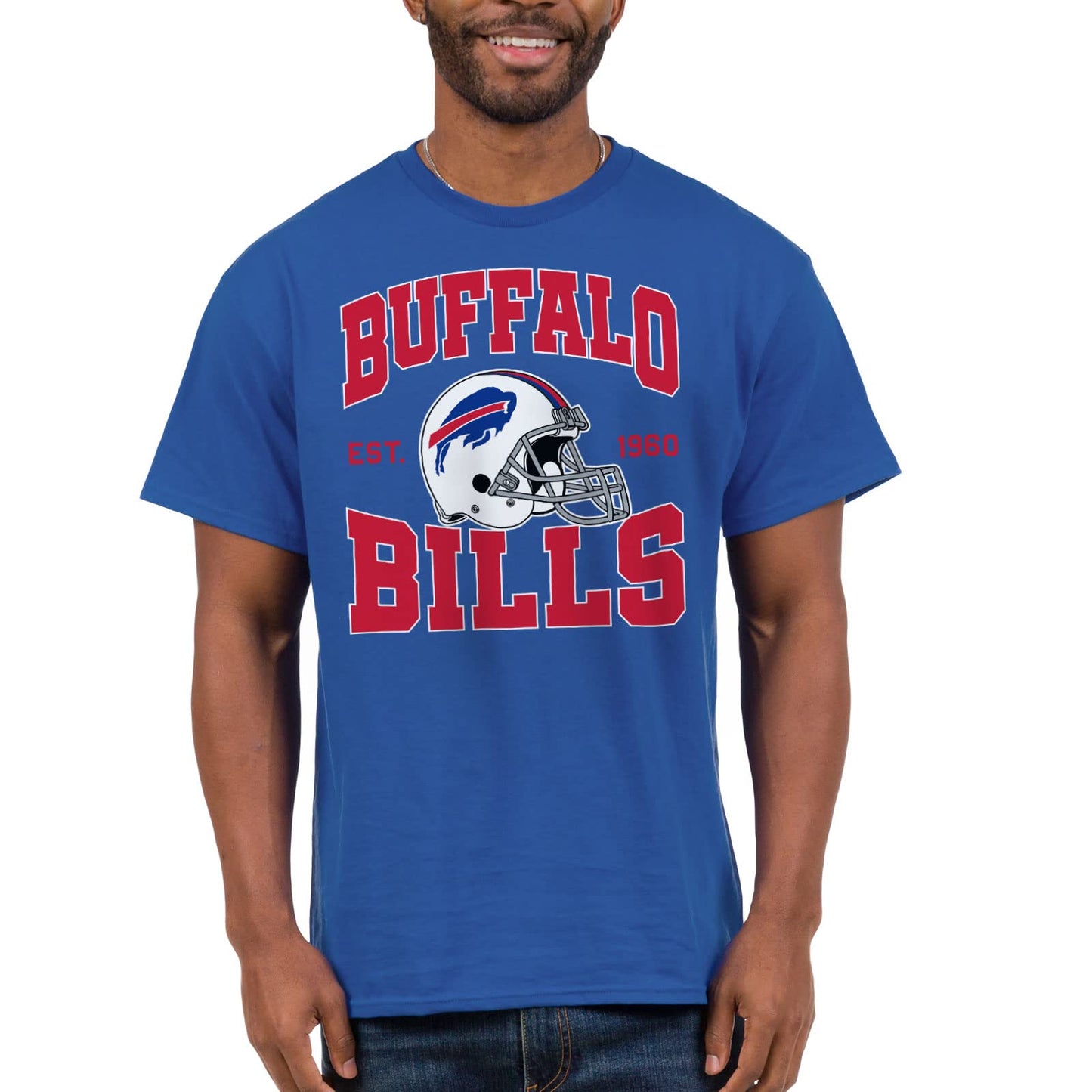 Junk Food Clothing x NFL - Buffalo Bills - Team Helmet - Unisex Adult Short Sleeve Fan T-Shirt for Men and Women - Size X-Large Blue