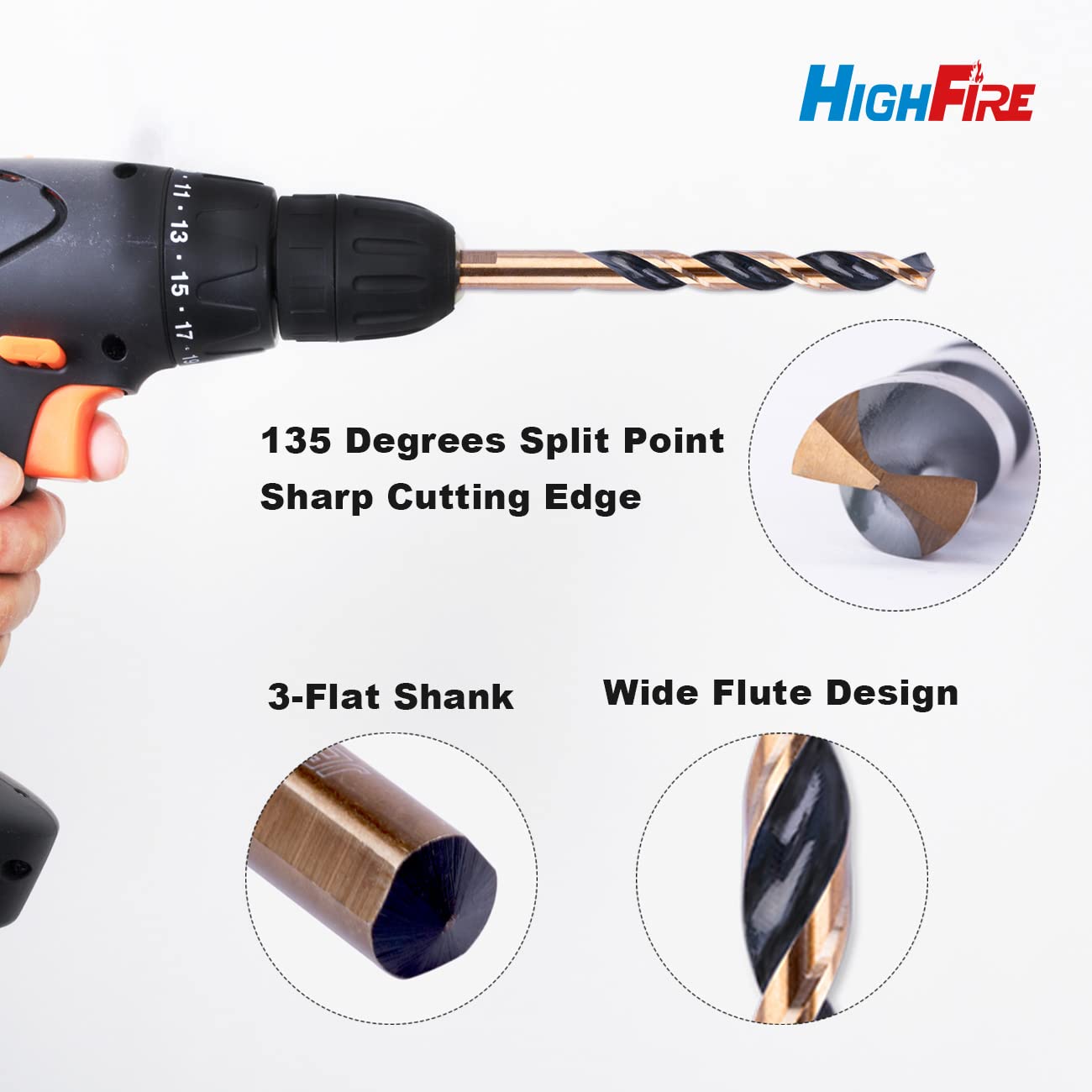 HIGHFIRE Mechanics Drill Bit Set, M2 HSS Heavy Duty Mechanic Drill Bit Kit with Black and Gold, 3-Flat Shank Twist Drill Bit Set for Metal with 135 Degrees Split Point 29 PCS