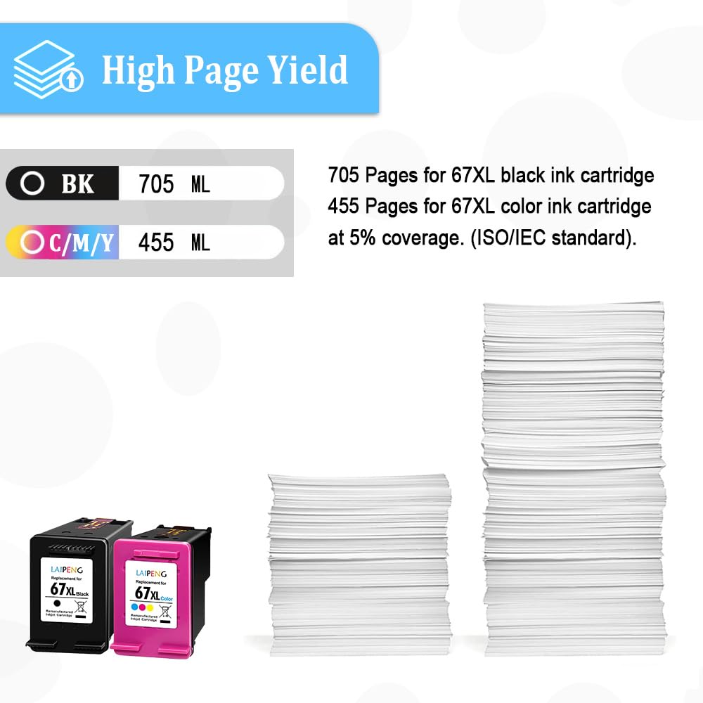 Laipeng Remanufactured 67XL Ink Cartridges Replacement for HP 67 67 XL 67XXL for Envy 6055 6052 6058 6075 Pro 6455 6452 6458 6475 DeskJet 1255 2752 2755 4140 4152 4155 4158 Printer (Black + Tri-Color)