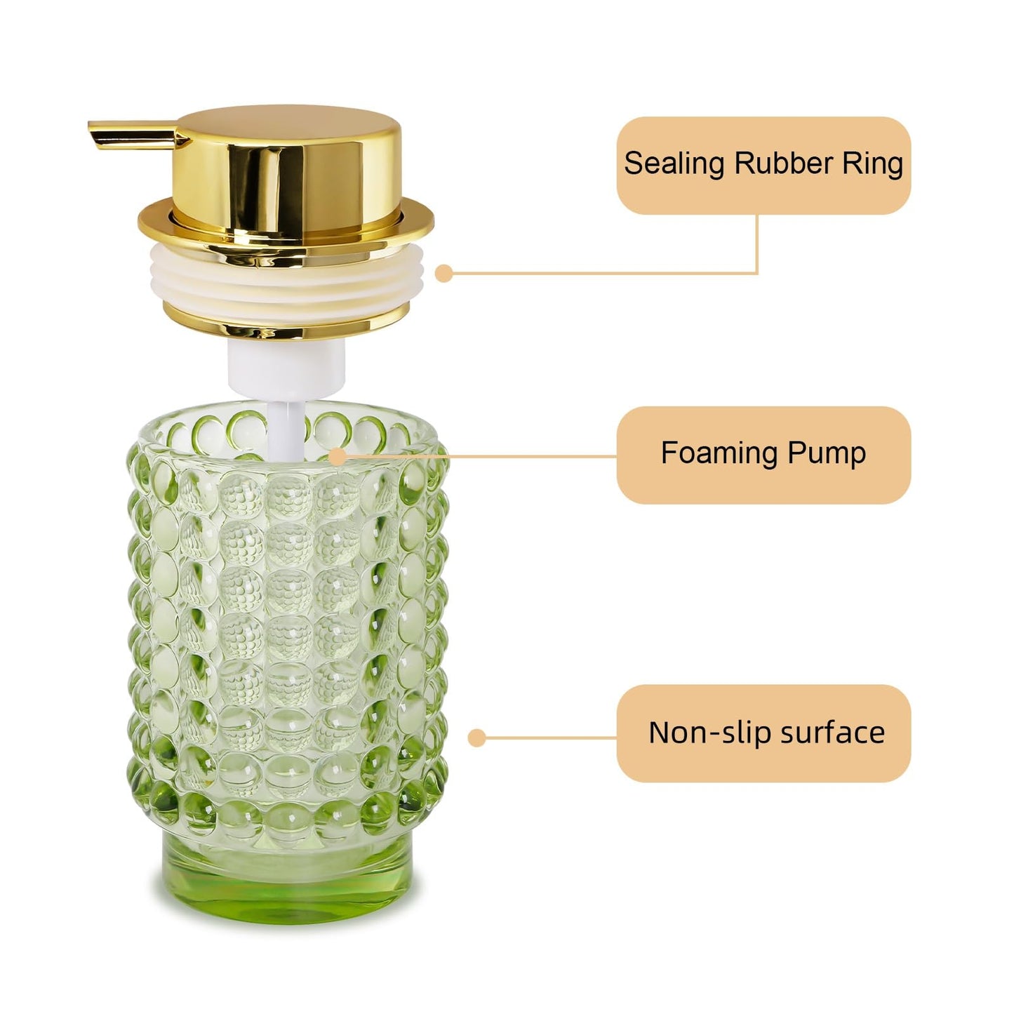 Fvstar 2pcs Glass Foaming Soap Dispenser, Green Foam Hand Soap Dispenser, 12 Oz Large Bottle with Gold Pump, Refillable Lotion Pump Container for Bathroom, Kitchen,Hand Soap, Dish Soap,Shampoo