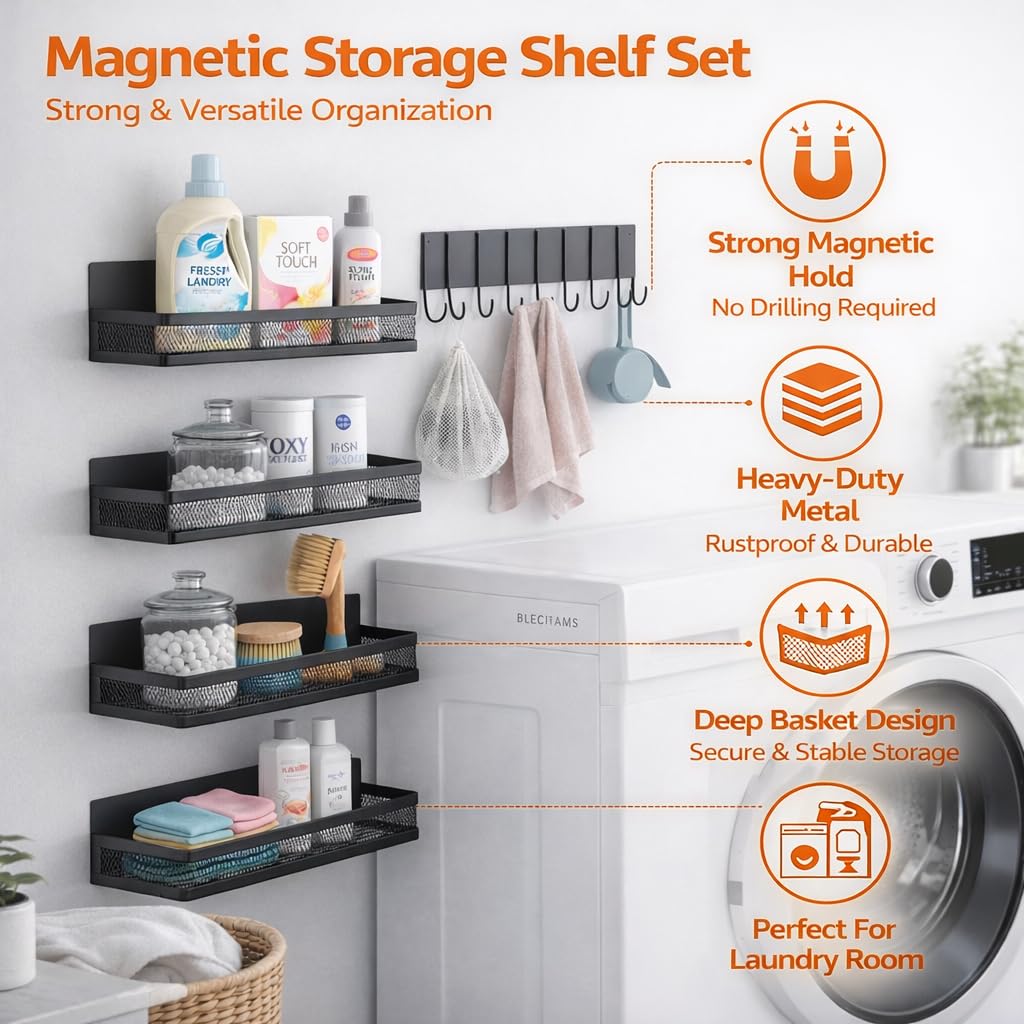 Dewsea Magnetic Shelves for Washing Machine 5 Pack, Multipurpose Metal Storage Baskets with Space-Saving Design, Magnetic Spice Rack & Laundry Organizer for Kitchen, Bathroom & Laundry Room (Black)