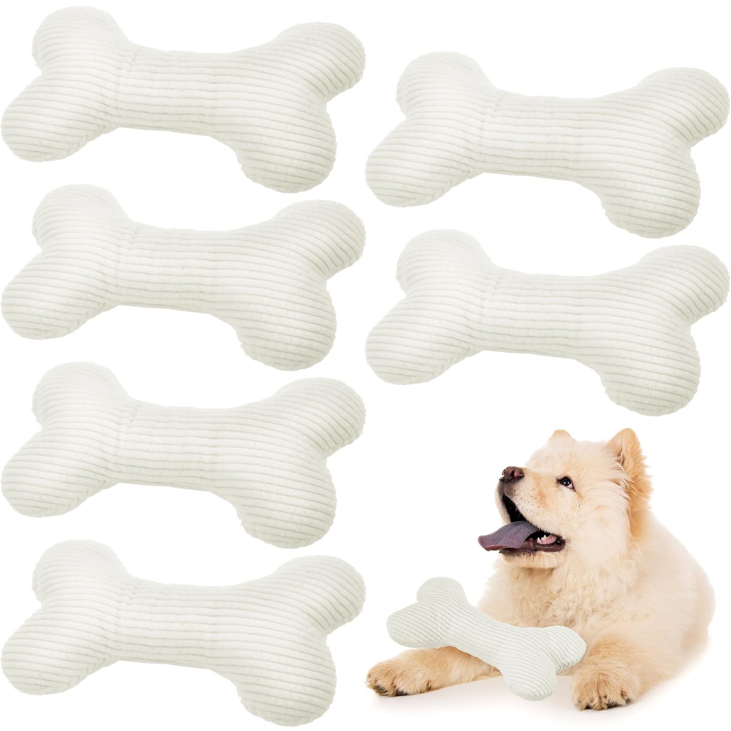 Poen 6 Pcs Bone Shaped Plush Squeaker Dog Birthday Toy Soft Stuffed Calming Toy with Squeaker for Small Medium Pet Dogs Puppy Chew Claw Interactive Fetch, 8. 27 x 4. 72 Inch White