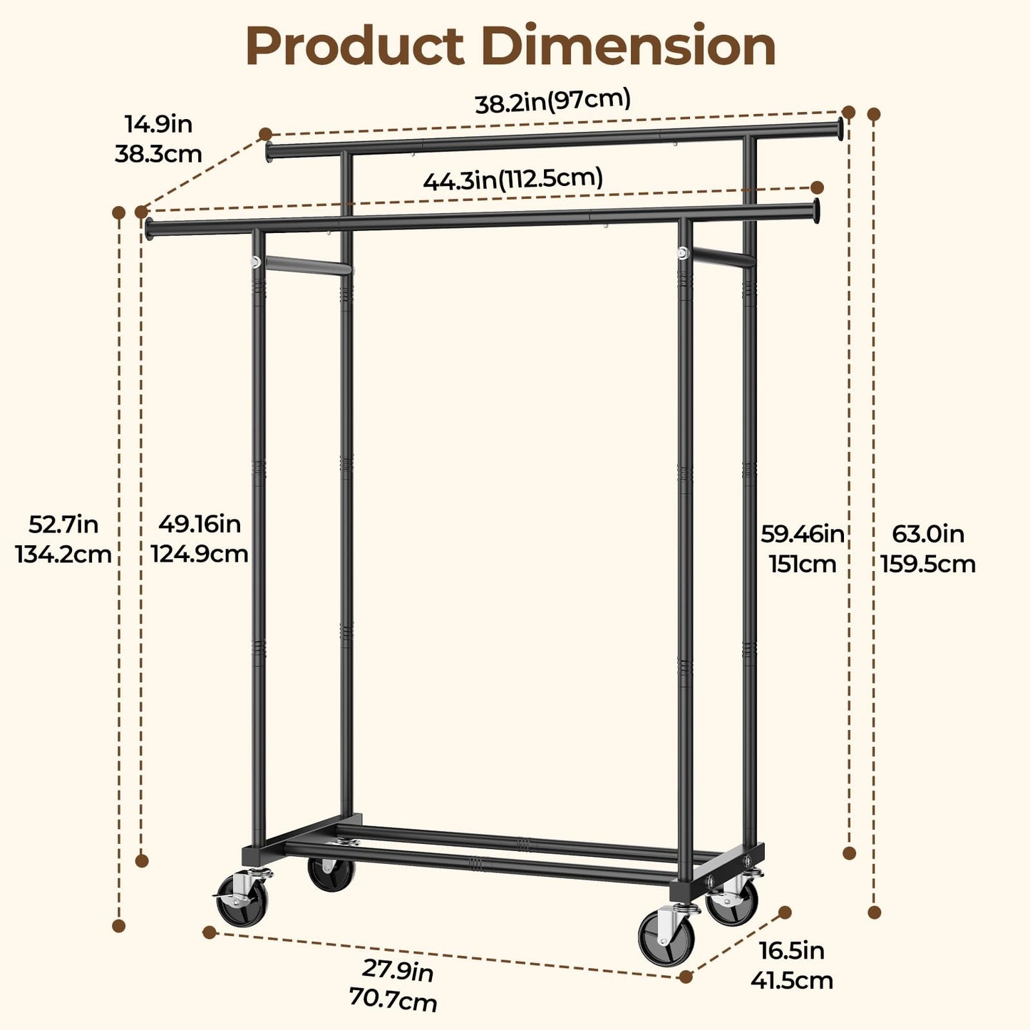 HYSEYY Double Rods Clothing Rack, Rolling Clothes Rack, Metal Garment Rack with 4 Lockable Wheels & Storage Shelf, Sturdy Coat Rack for Bedroom, Laundry, Living Room - 160H x 113W x 42D cm (Black)