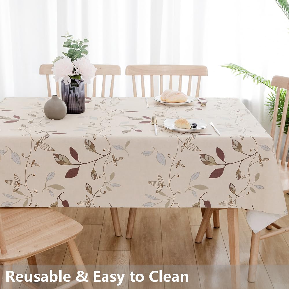 TruDelve Heavy Duty Vinyl Tablecloth Beige Plastic Table Cloth Waterproof Wipeable Oilcloth Tablecloths for Rectangle Tables (54'' x 72'', Leaves Beige)