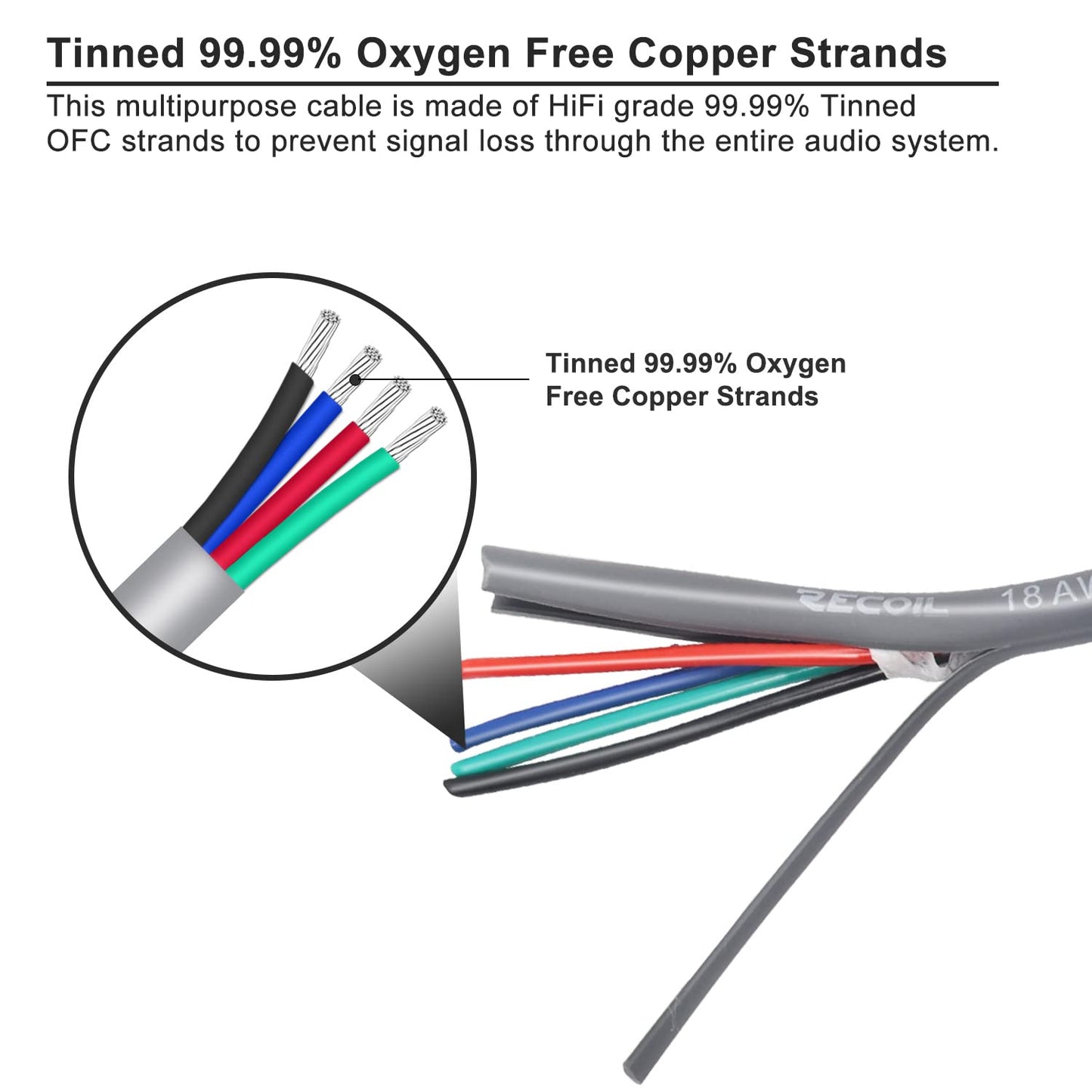 Recoil 100ft 4-Conductor 18AWG Low Voltage RGB LED Wire, LED Extension Cable, Speaker Wire, Tinned 99.99% Oxygen Free Copper for Home, Car & Marine Application