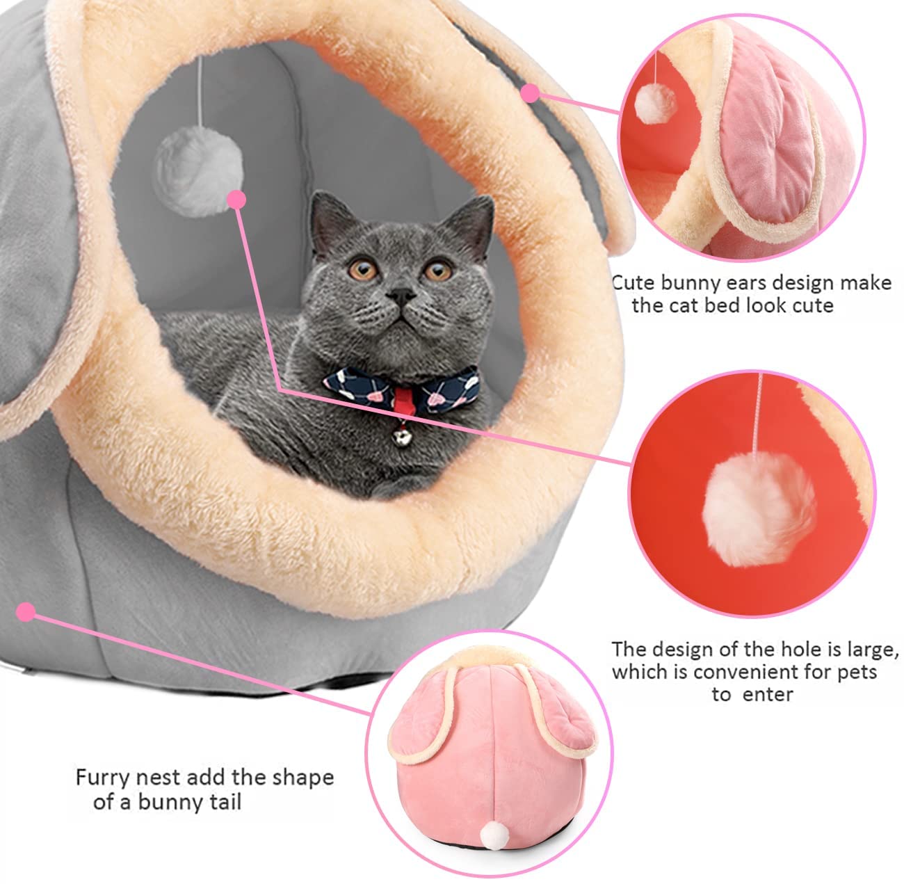 PowerKing Cat Bed for Indoor Cats,Cat House Furniture for Pet Kitten Tent Cave,Cute Dog Beds for Puppy Medium Dogs with Removable Washable Soft Cushioned Pillow,Grey