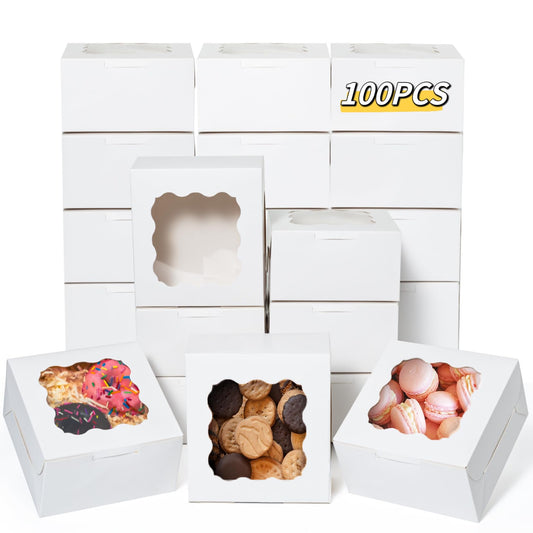 100 Pcs White Bakery Boxes with Window, 6x6x3 inches Cookie Boxes Macaroon Boxes Small Treat Boxes Mini Cake Boxes for Dessert, Pastry, Sturdy Take Out Container for Party Wedding Favor