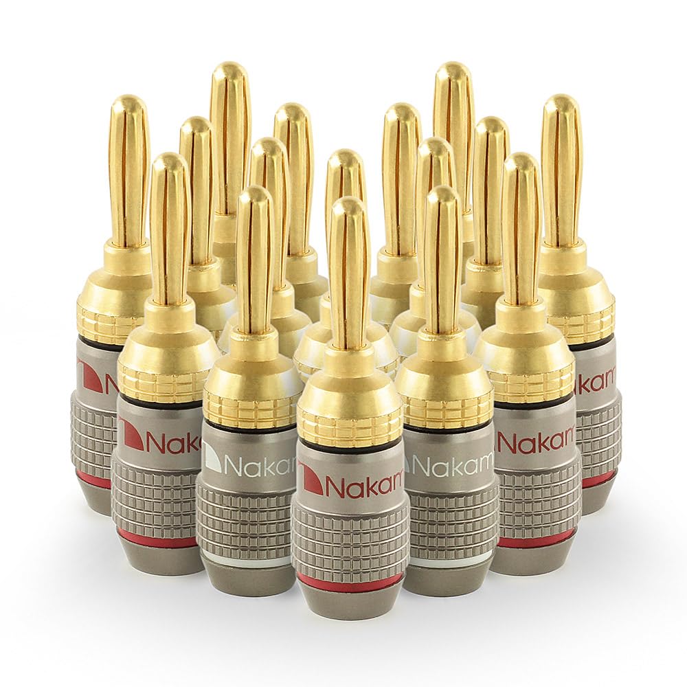 Nakamichi FanLock Excel Series 24k Gold Plated Banana Plug 10 AWG - 18 AWG Gauge Size 4mm for Speakers Amplifier Hi-Fi Stereo Home Theatre Radio Audio Wire Cable Quick Connector, 16 Pcs (8-Pairs)