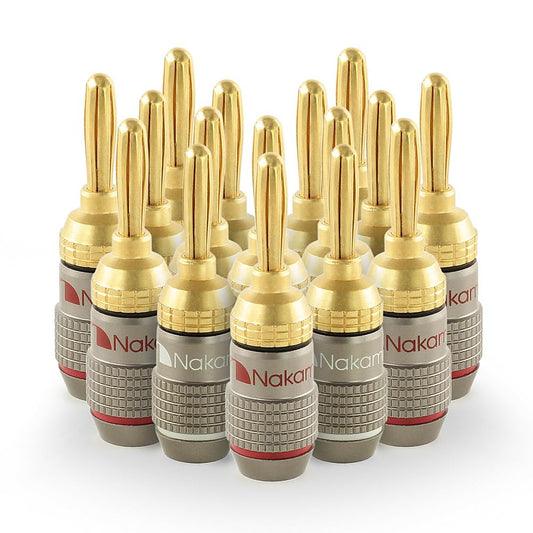 Nakamichi FanLock Excel Series 24k Gold Plated Banana Plug 10 AWG - 18 AWG Gauge Size 4mm for Speakers Amplifier Hi-Fi Stereo Home Theatre Radio Audio Wire Cable Quick Connector, 16 Pcs (8-Pairs)
