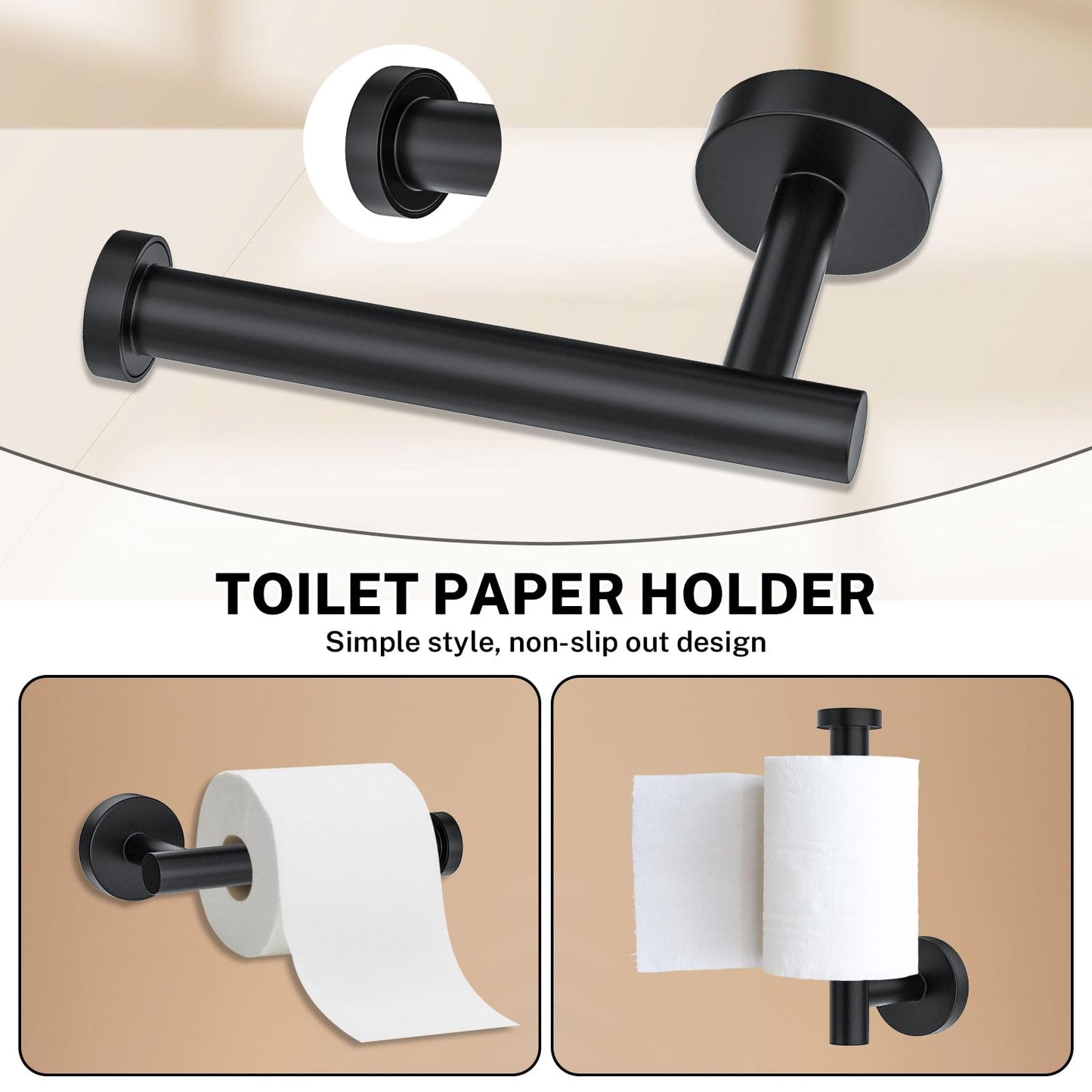 5 Piece Matte Black Towel Bar Set Round Bathroom Hardware Set Includes 23.6in Towel Bar Round Towel Ring Toilet Paper Holder Towel Hooks Stainless Steel Wall Mount Bathroom Accessories Set