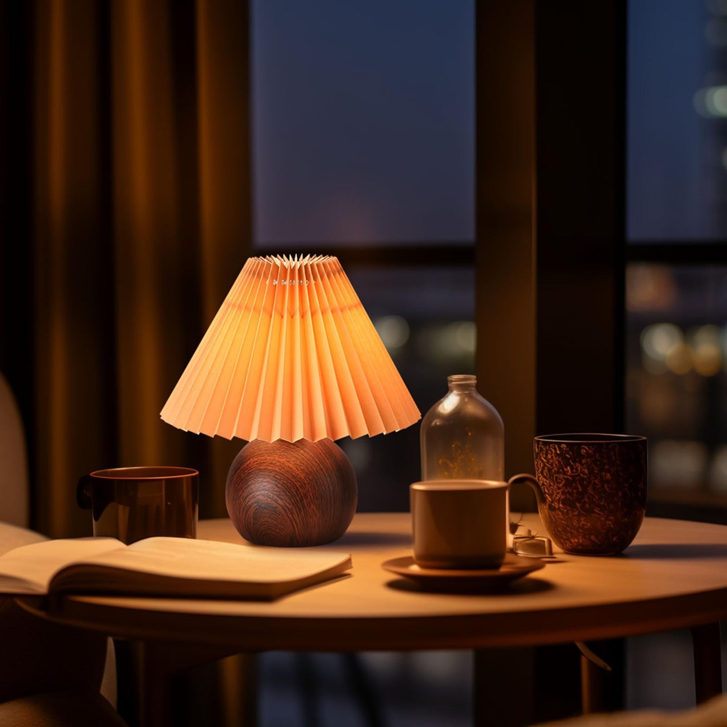 KUNJOULAM Small Pleated Table Lamp, Modern Bedside Nightstand Lamp with Coffee Lampshade, Metal Base Cute Lamp for Bedroom Living Room Home Office Decor E12 Bulb