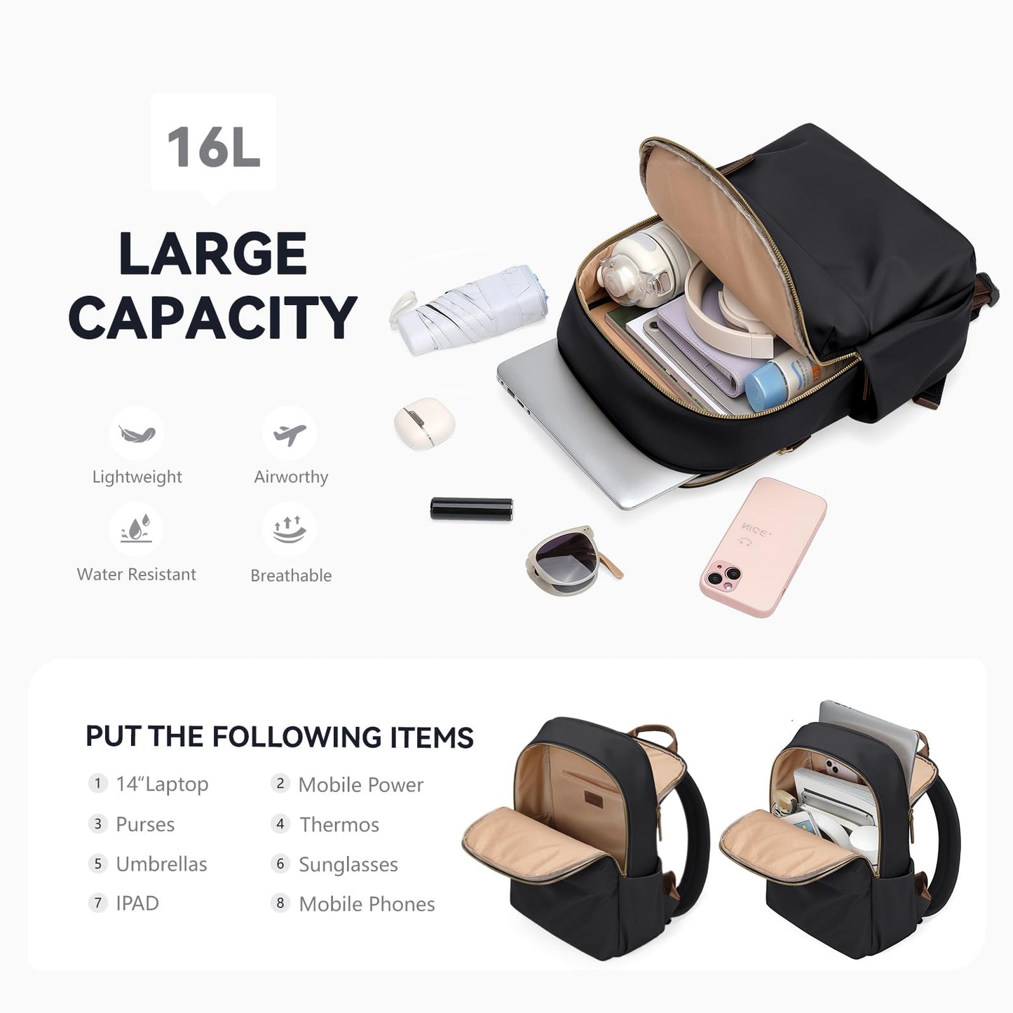 GOLF QUALITY Laptop Backpack 14 Inch Daypack Travel Work Commuter Casual Backpack for Women, Black, 14 Inch, Daypack Backpacks