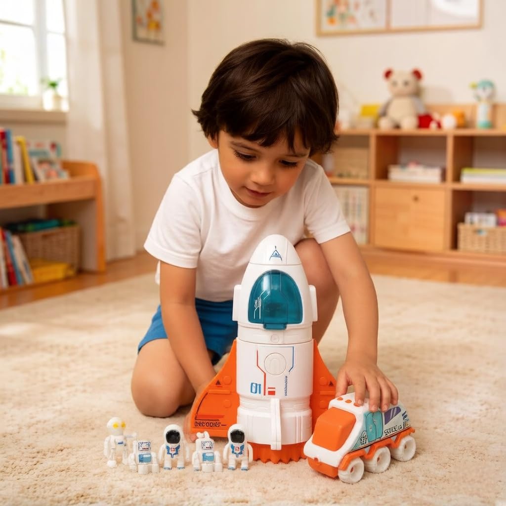 Spaceship Toy for Boys, Space Shuttle Toys with Sound, 3 Astronauts Figure, Openable Cockpit, Spray Exhaust, Venture Space Playset with Lunar car (Orange)