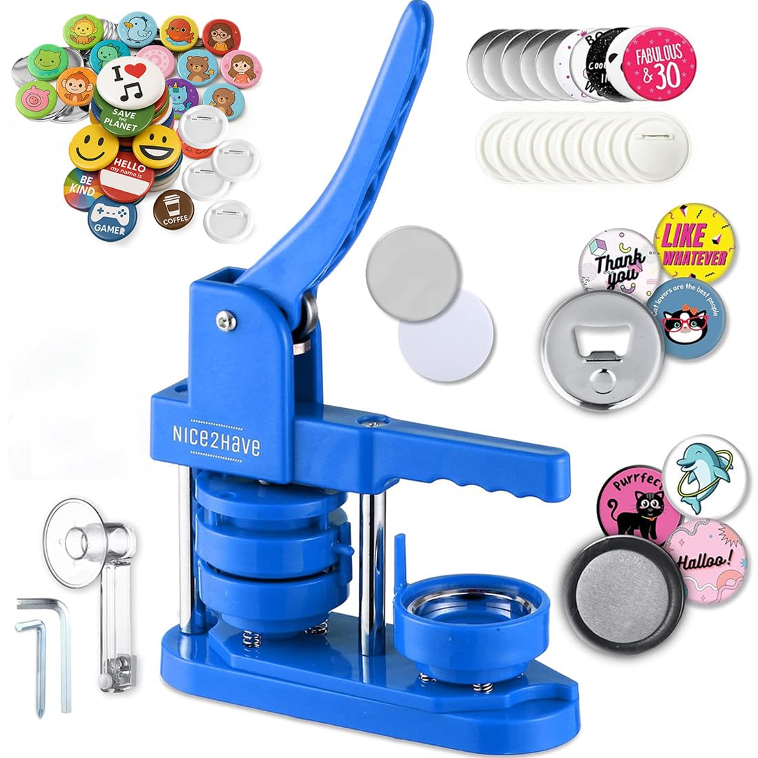 Button Maker Machine – 2.25 Inch (58mm) – Single Mold, Pin Maker Machine Kit with 100 Buttons, 5 Fridge Magnets, 5 Bottle Openers, Cutters, and 500+ Button Designs for DIY Crafts, Blue