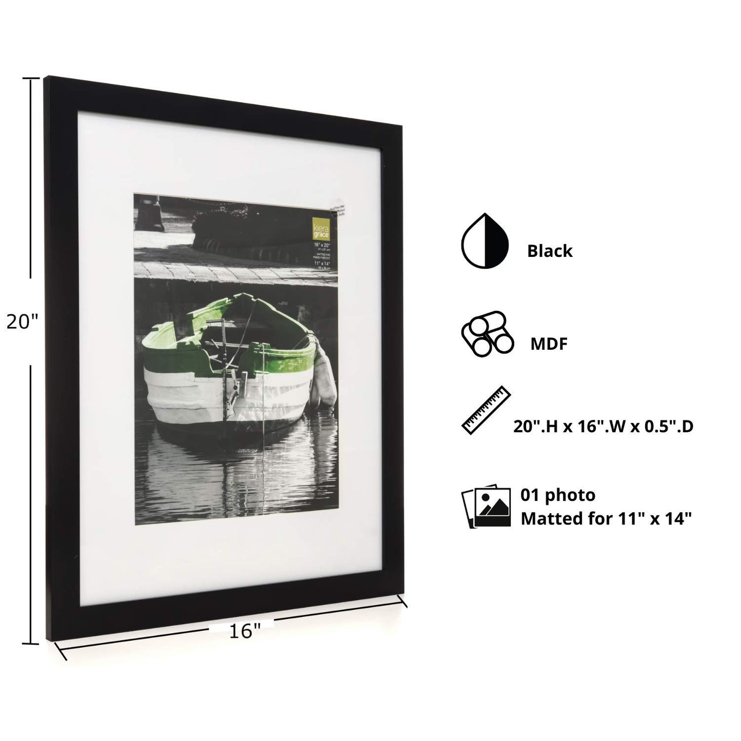 Kiera Grace Classic Langford Wooden Picture Frame, 16" x 20", Black