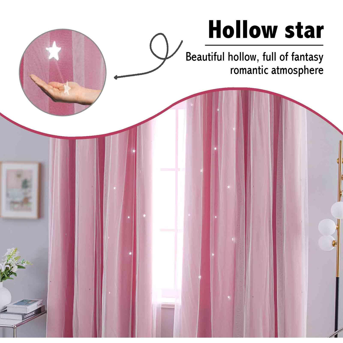 Anytime Star Cut-Out Blackout Curtains for Bedroom 2 Panels,2-Layers Mix Design of Fabric & Tulle,Pretty Pure Color Window Curtain for Kids Room(W52 x L84,Pink)