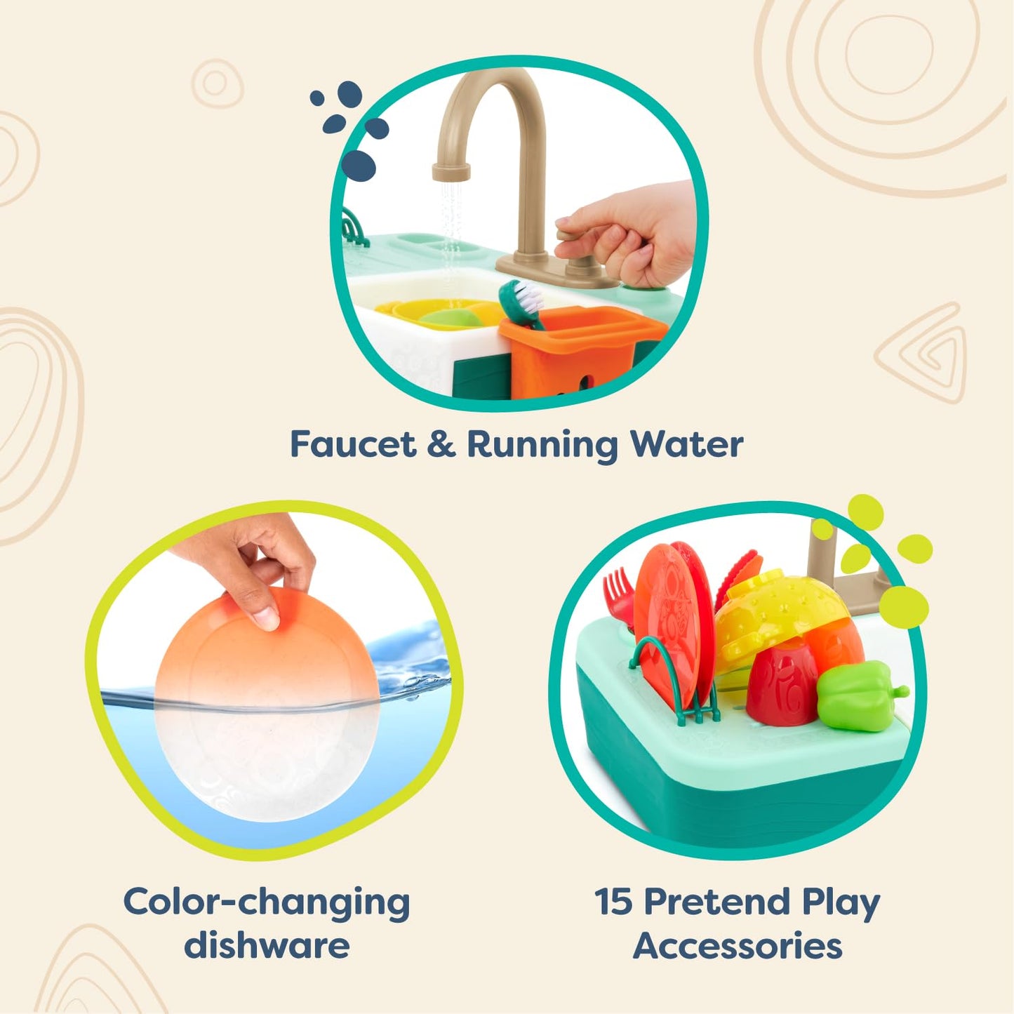 B. toys – Sink Play Set – Toy Kitchen Sink – Faucet & Running Water, Dishes, Play Food – Pretend Play Set for Kids – 3+ Years– Splash – n – Scrub Sink