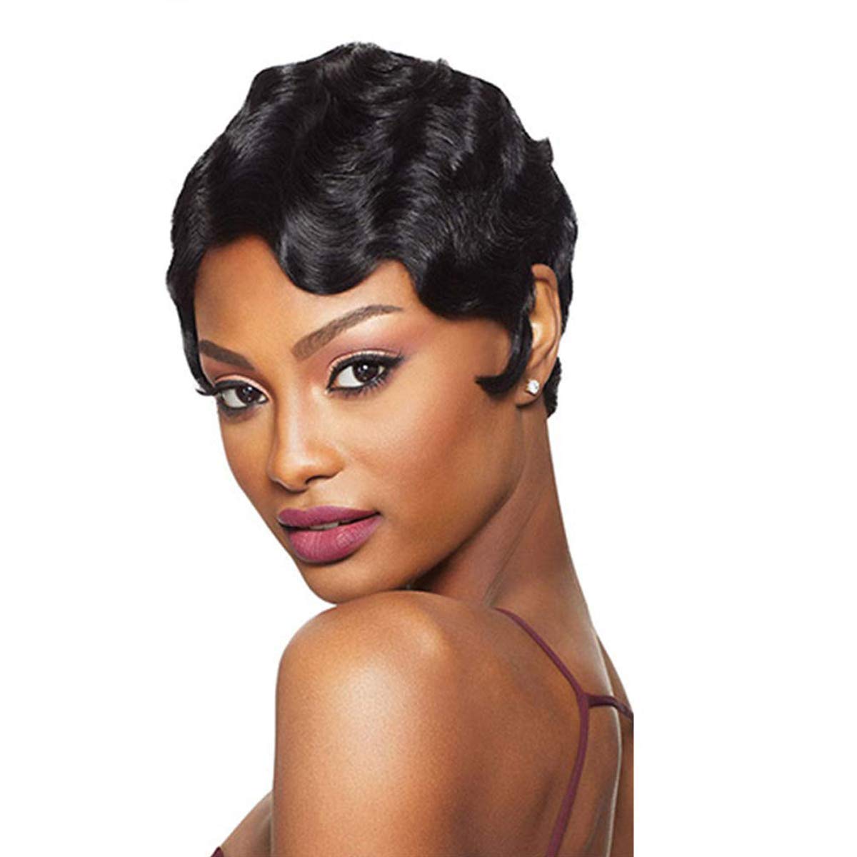 Fereowth Short Pixie Cut Wigs For Black Women Wig Finger Wave Wig Brazilian Human Hair Wigs Remy Human Hair Wig (black)