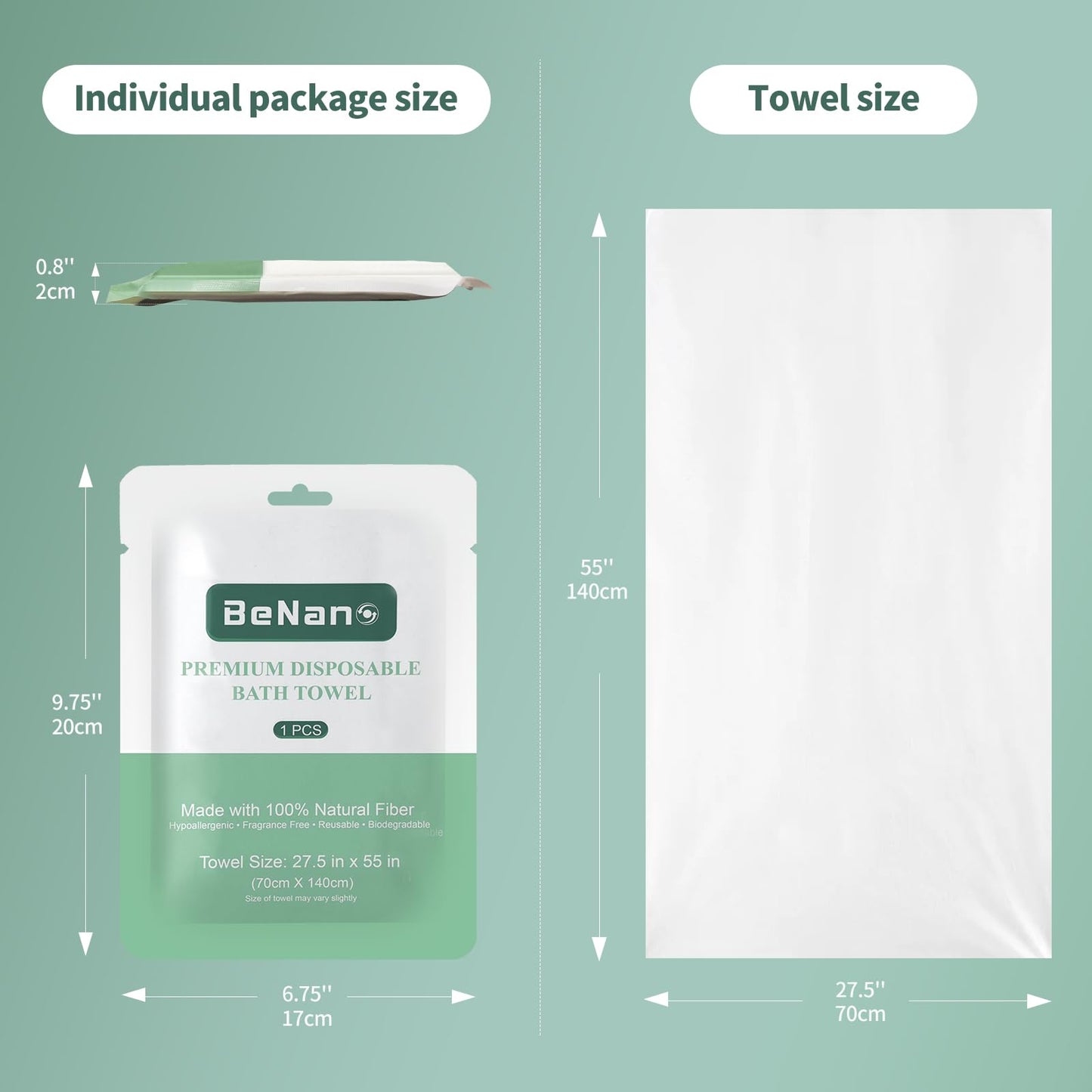Benano Premium Disposable Towel, 100% USDA Biobased 55 in x 27.5 in Large Bath Towel Travel Towel Washcloth Reusable for Hotel Camping Sports Hiking Beach Massage Salon Gym Biodegradable (20 Pack)
