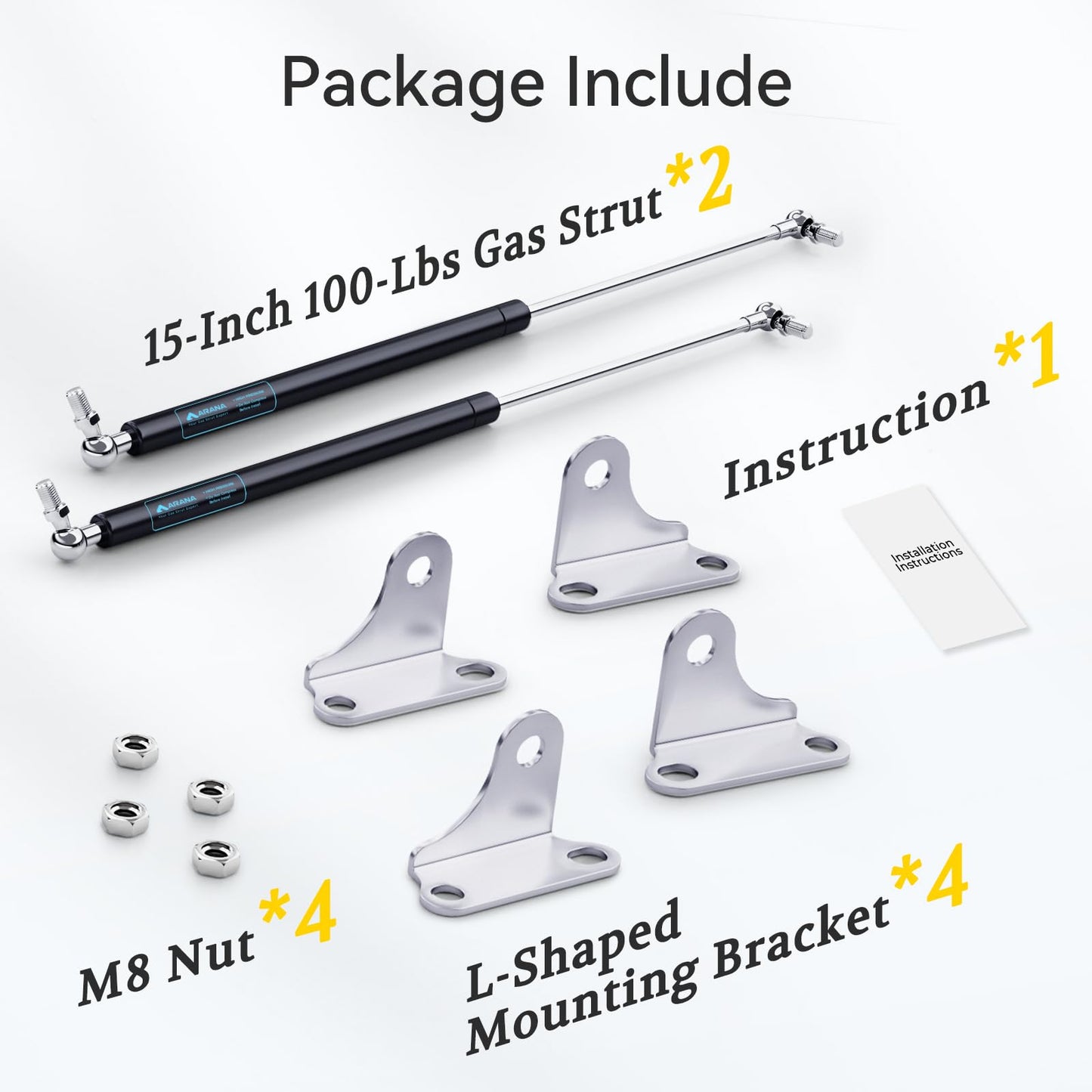 ARANA Gas Struts for Heavy Lid 100 lbs, 15 inch Gas Shocks Lift Lid with Brackets, 100 Pounds Hydraulic Lift Support Springs for Heavy Duty Door Cabinet Boat Lid, 2 Pcs