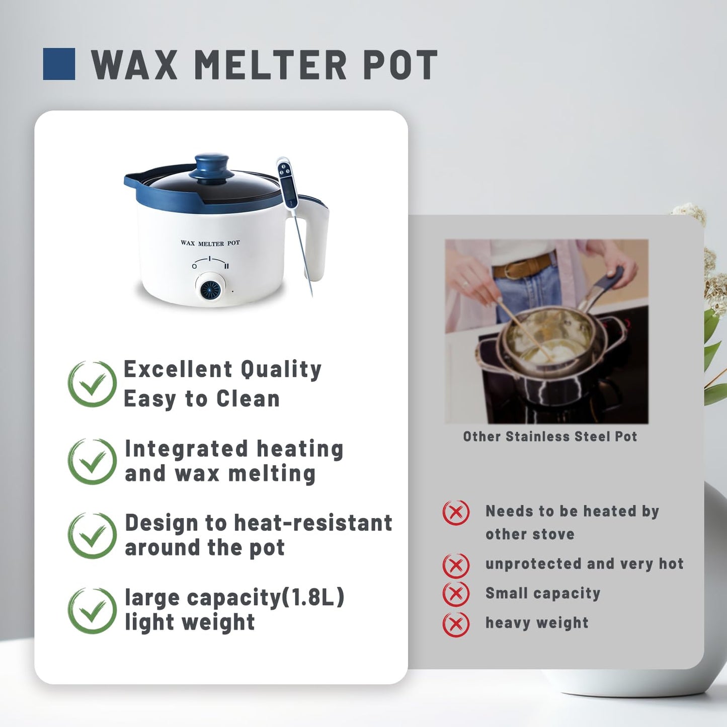 Candle Wax Melting Pot with Spout, Electric Wax Melter for Candle Making, Small Candle Making Pouring Pot with Heat-Resistant Handle, Double Boiler Pot for Adult (electric wax melter with thermometer)