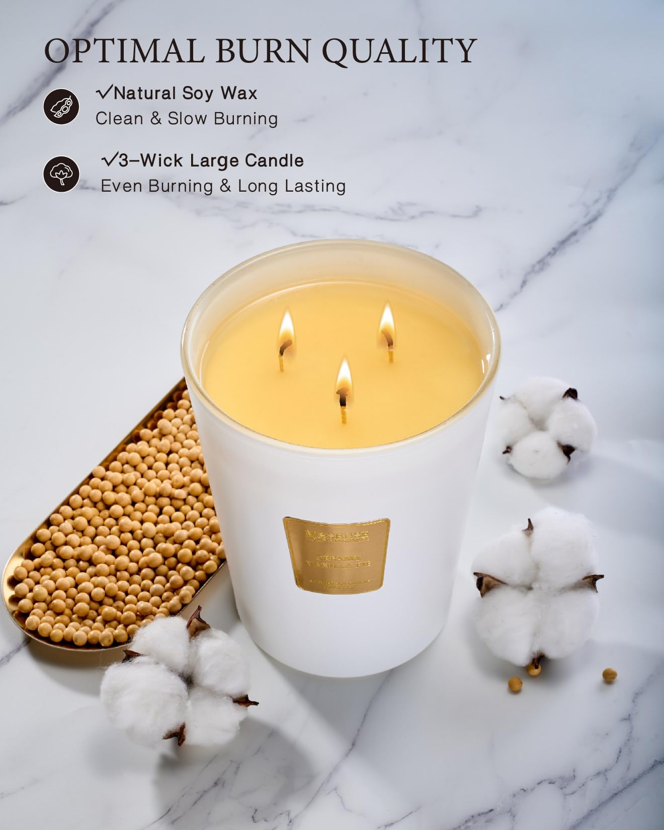 M&SENSE Creamy Vanilla Pie Candle Scented Natural Soy Wax for Home, 3 Wick Candle Non Toxic 150H Long Lasting Burning, Luxury 35oz Large Vanilla Candle Scented Housewarming Gifts for Women & Men