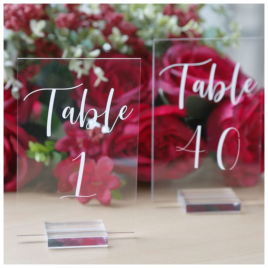 UNIQOOO Acrylic Wedding Table Numbers 1-40 with Stands | 4x6 inch Printed Calligraphy, Clear Table Number Signs and Holders | Perfect for Wedding Reception, Centerpiece Decoration, Event, Party
