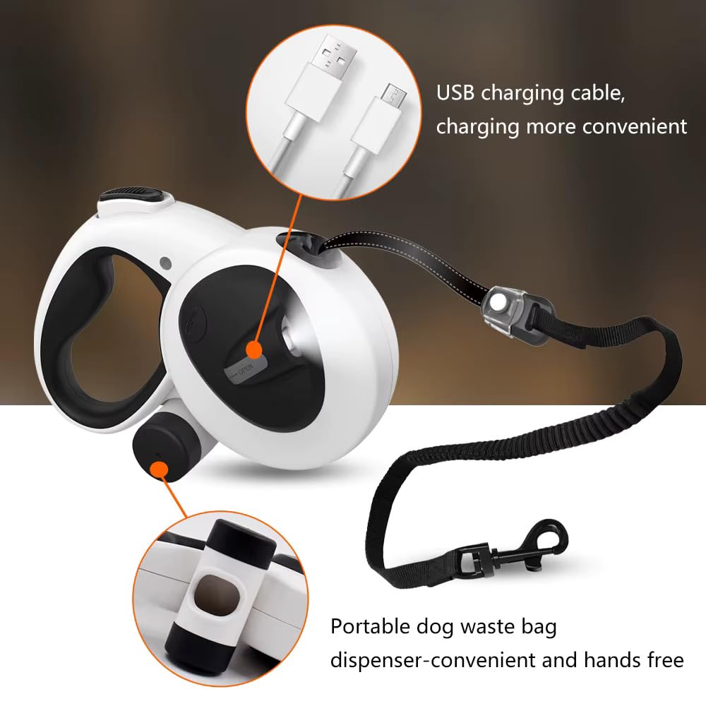 BKINDTOPET 4-in-1 Retractable Dog Leash 16ft with LED Light, Poop Bag Dispenser & Bags – Heavy Duty, Tangle-Free Leash for Small & Medium Dogs up to 66lbs, One-Button Brake & Anti-Slip Handle (M)