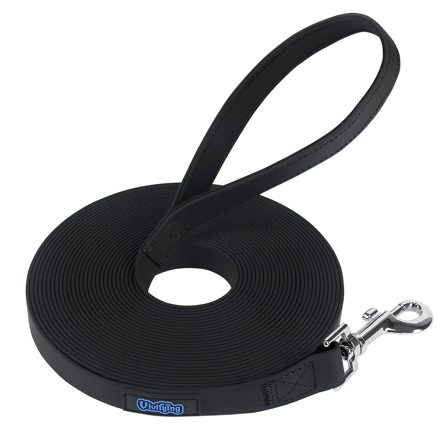 Vivifying Waterproof Long Dog Leash, 32Feet/10M Durable PVC Long Training Lead with Padded Handle Great for Medium Large Dogs Training, Hiking, Swimming, Beach and Yard (Black)