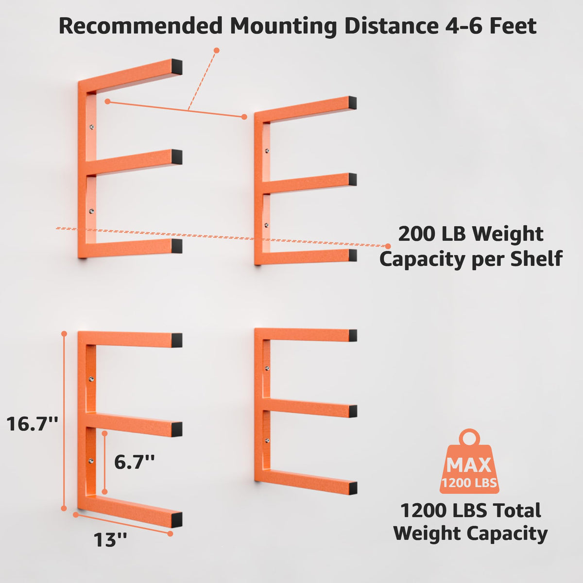 YYR Wood Organizer and Lumber Storage Rack Wall Mount, Heavy Duty Metal Shelf with 6-Level Max 1200 lbs, Indoor & Outdoor Use - Orange