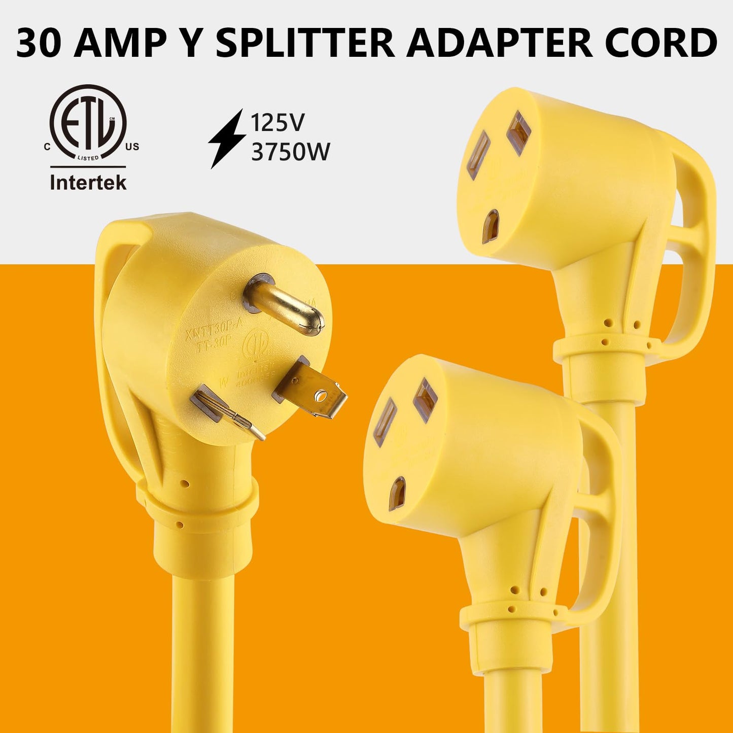 RealPlus 30 Amp Y Splitter Adapter Cord, NEMA TT-30P to (2) NEMA TT-30R 3-Prong Heavy Duty Generator Power Cable STW 10 AWG 3C, 3 Feet (Yellow)