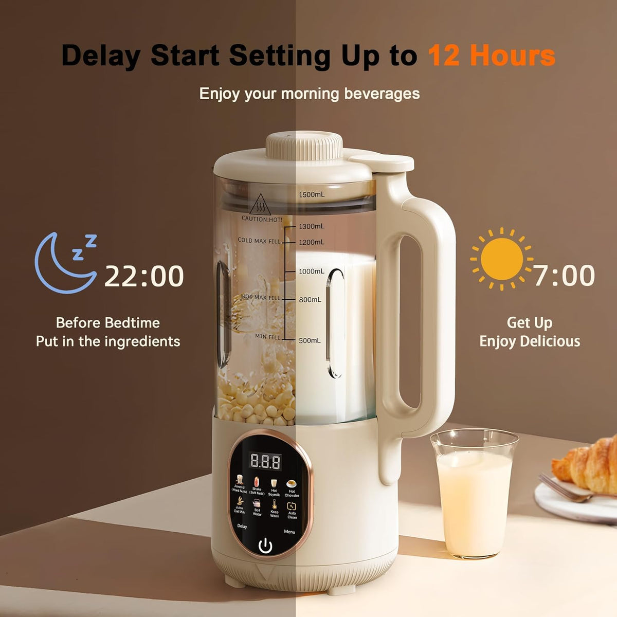 1500ml Automatic Nut Milk Maker 20 Blades for Almond Oat Soy 10 in 1 Milk Plant Based Milks Chowder Juice with Delay Start Boil Water Keep Warm Auto Clean