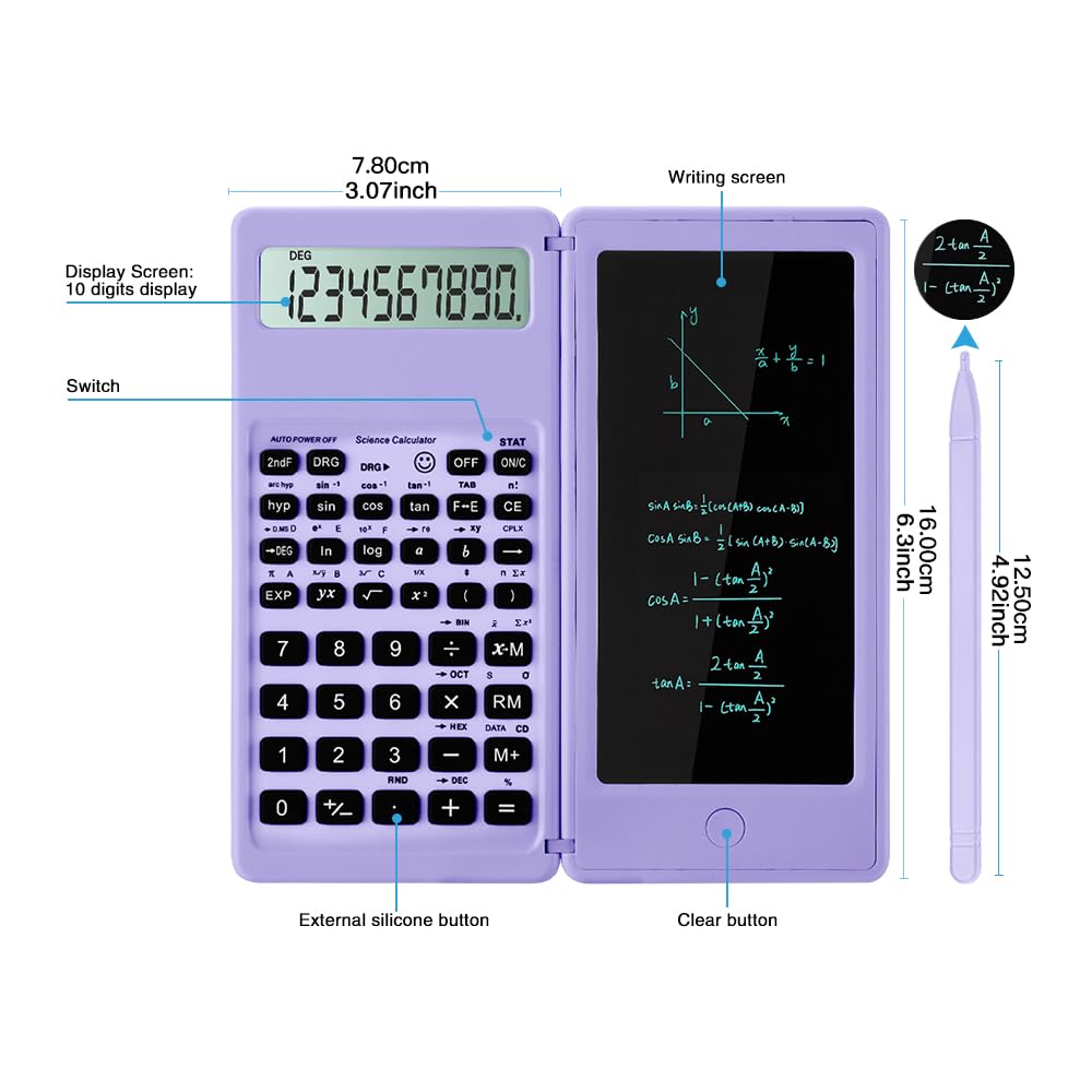 IPepul Scientific Calculator for high-school, 10 Digits Digital with Erasable writing board Math Calculator for middle school & College (Purple)